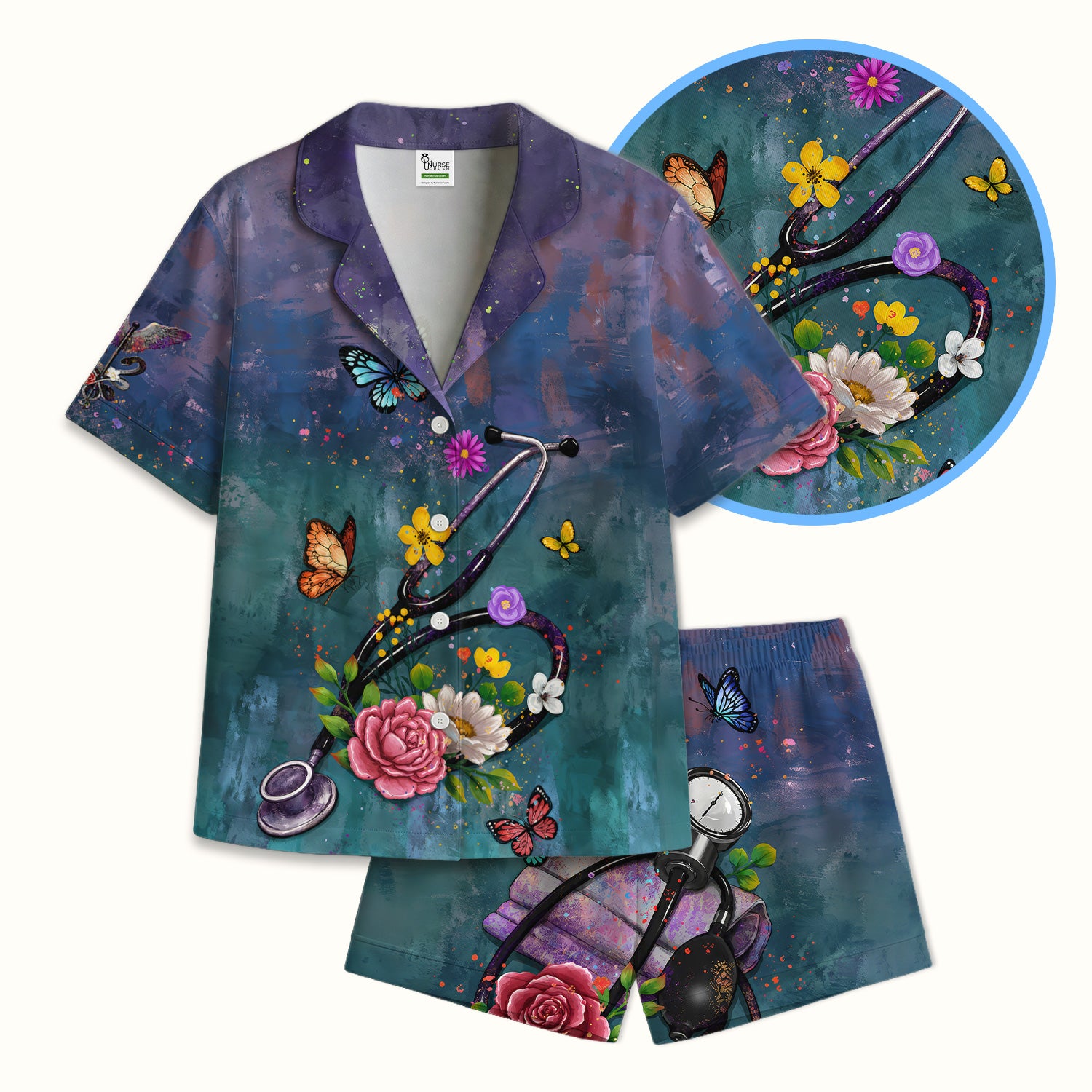 Floral Stethoscope Nurse Pattern Pajama Set, Soft Breathable Fabric Comfortable Sleepwear