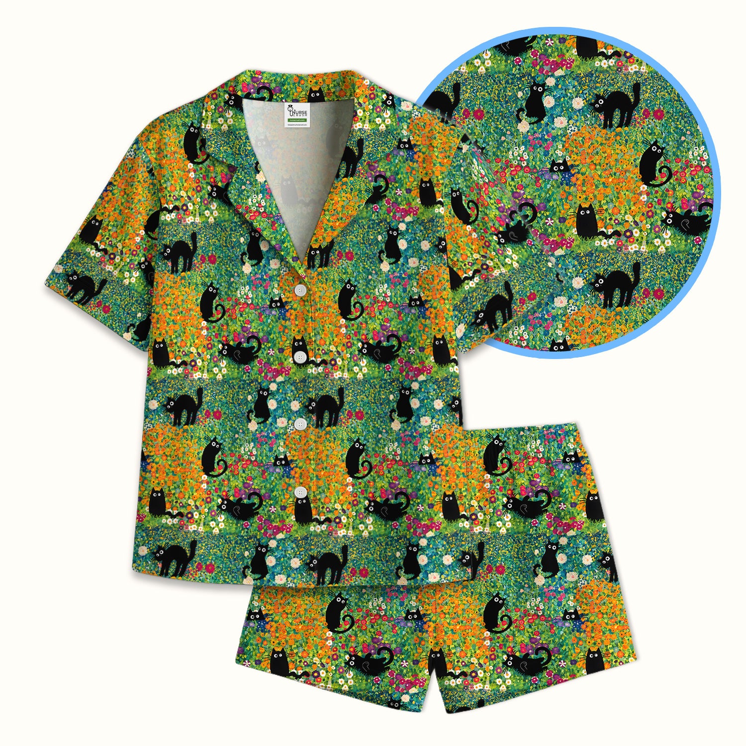 Black Cat Flower Garden Pattern Pajama Set, Soft Breathable Fabric Comfortable Sleepwear