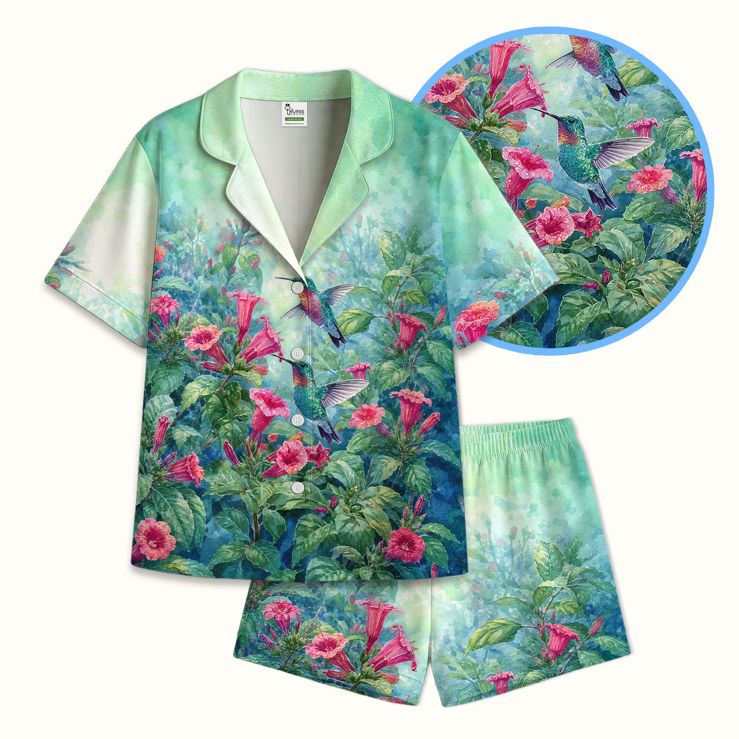 Vintage Hummingbird Floral Garden Pattern Pajama Set, Soft Breathable Fabric Comfortable Sleepwear