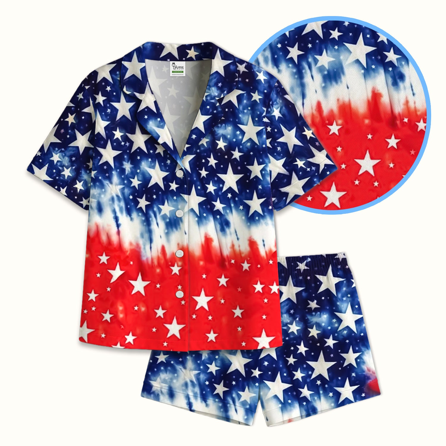 Patriotic Stars Tie Dye Pattern Pajama Set, Soft Breathable Fabric Comfortable Sleepwear