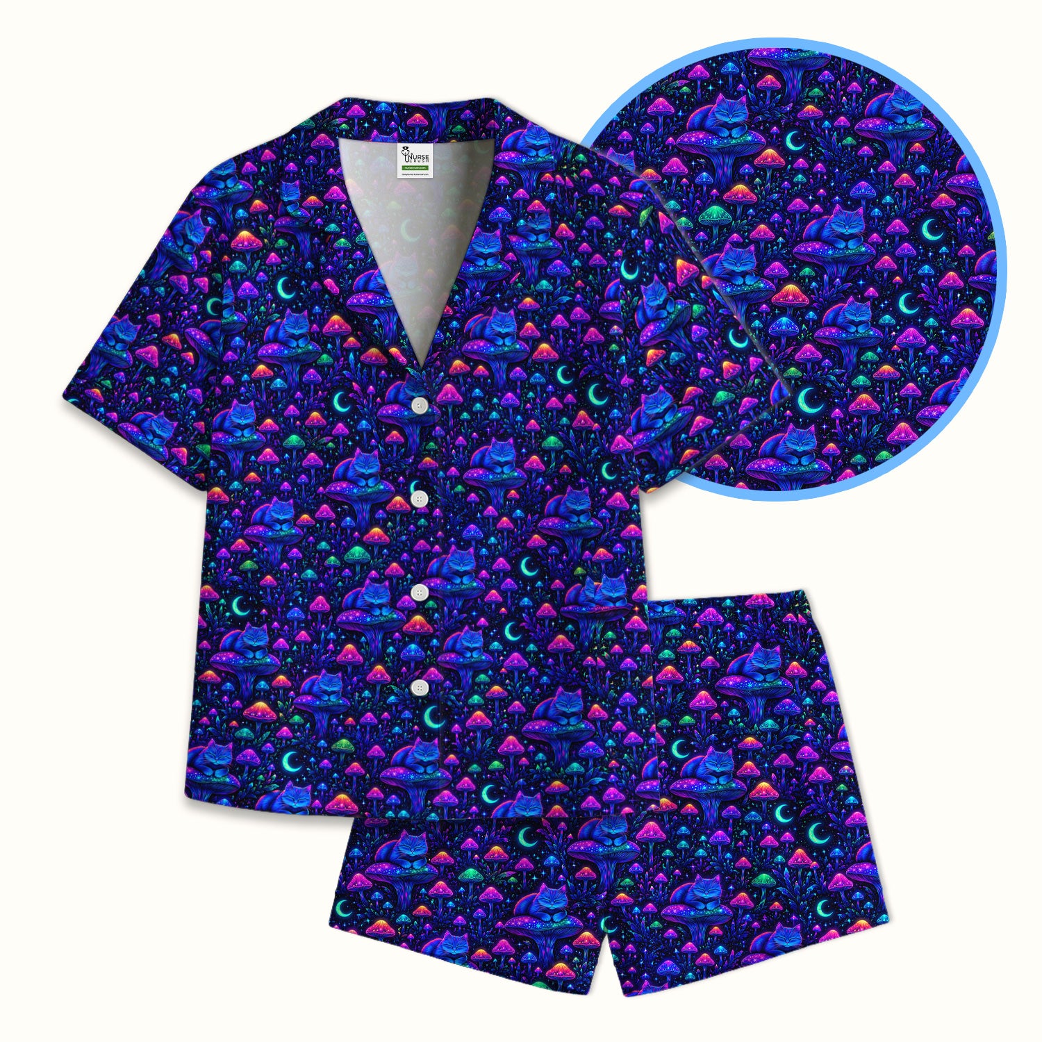 Neon Mushroom Cat Galaxy Pattern Pajama Set, Soft Breathable Fabric Comfortable Sleepwear