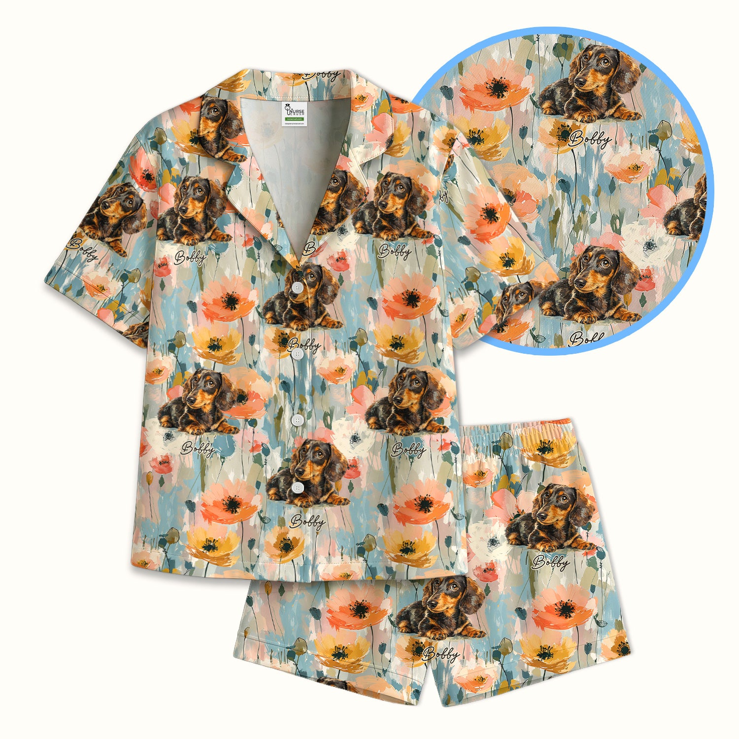 Personalized Dachshund Floral Portrait Pattern Pajama Set, Soft Breathable Fabric Comfortable Sleepwear