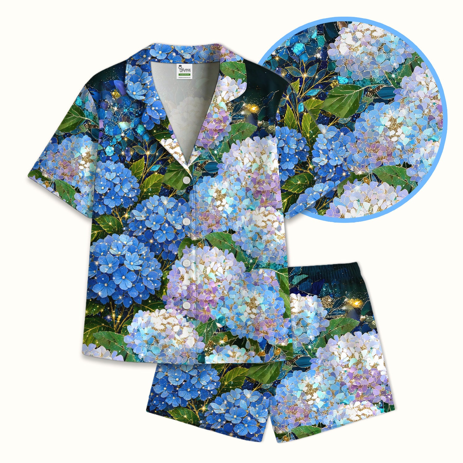 Blue Hydrangea Floral Pattern Pajama Set, Breathable Fabrics Uniform