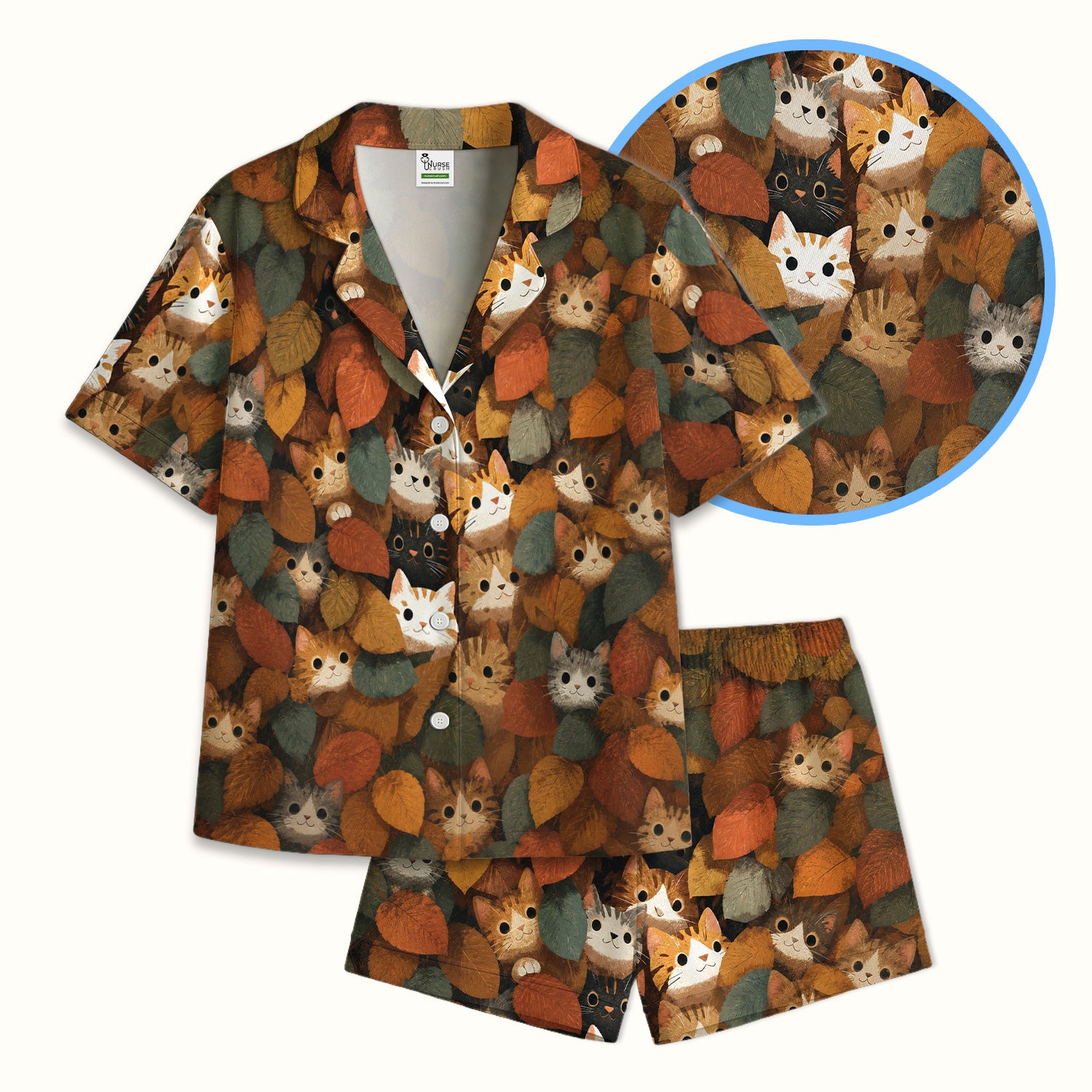 Cute Autumn Cat Leaf Pile Pattern Pajama Set, Soft Breathable Fabric Comfortable Sleepwear