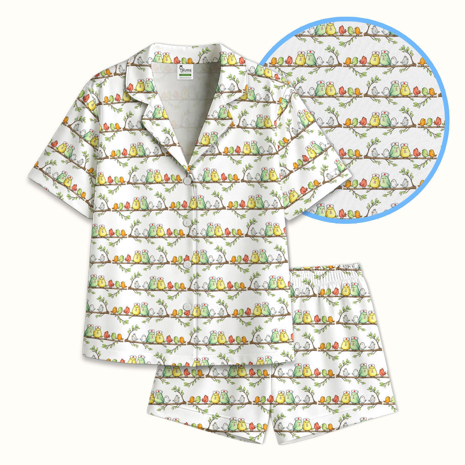 Cute Pink Ribbon Birds Pajama Set, Soft Breathable Fabric Comfortable Sleepwear