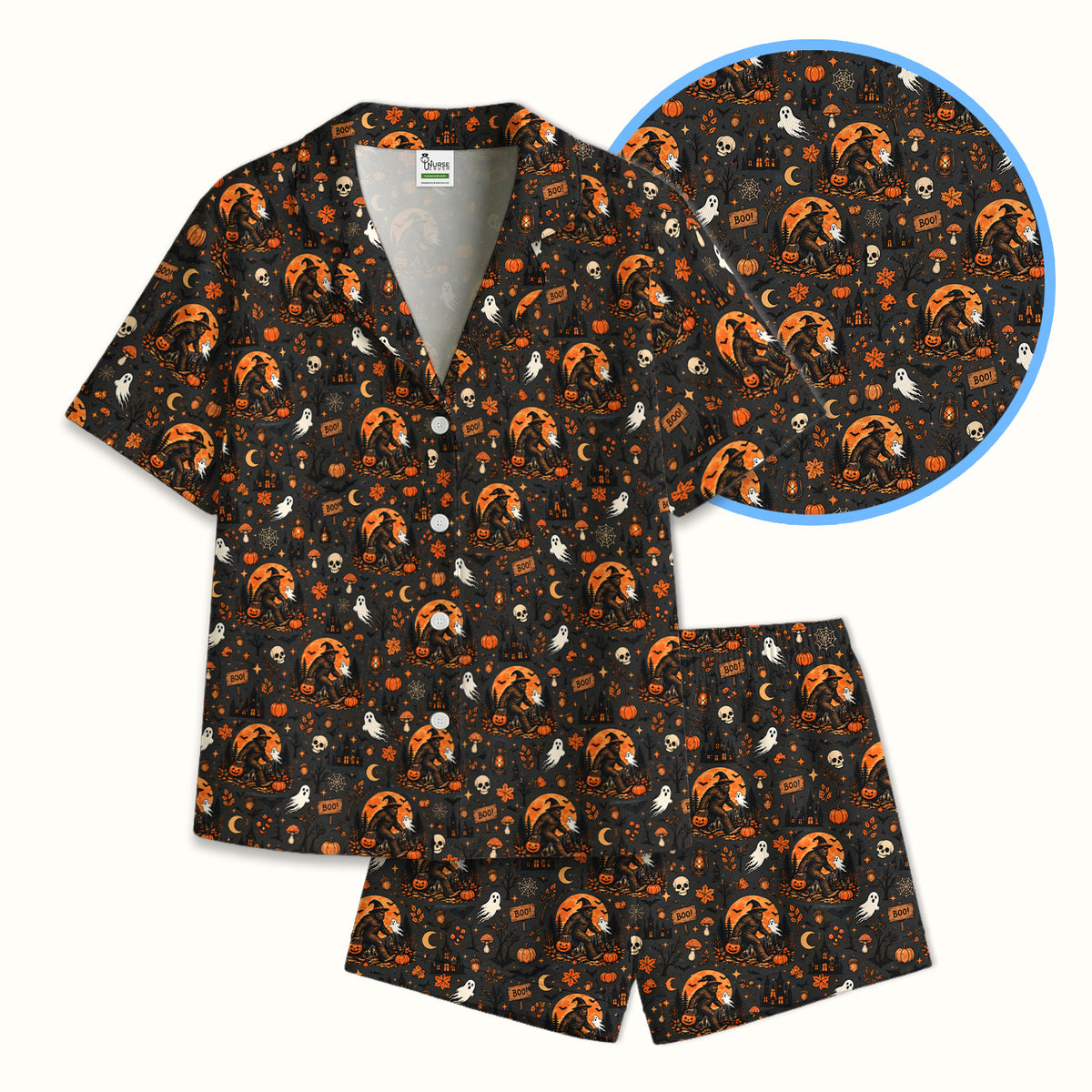 Halloween Bigfoot Ghost with Pumpkin Pajama Set, Soft Breathable Fabric Comfortable Sleepwear
