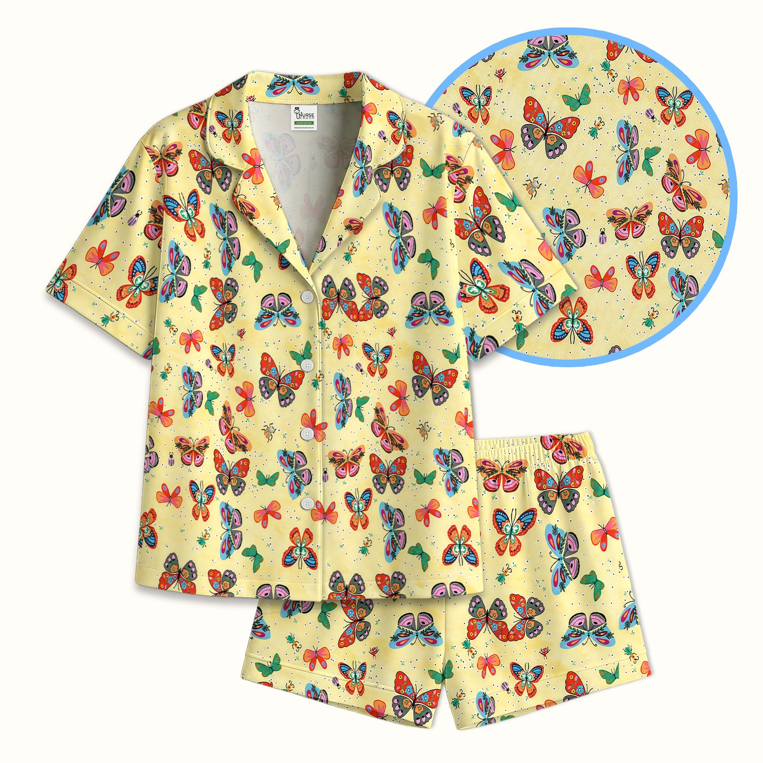Colorful Butterfly Garden Pattern Pajama Set, Soft Breathable Fabric Comfortable Sleepwear