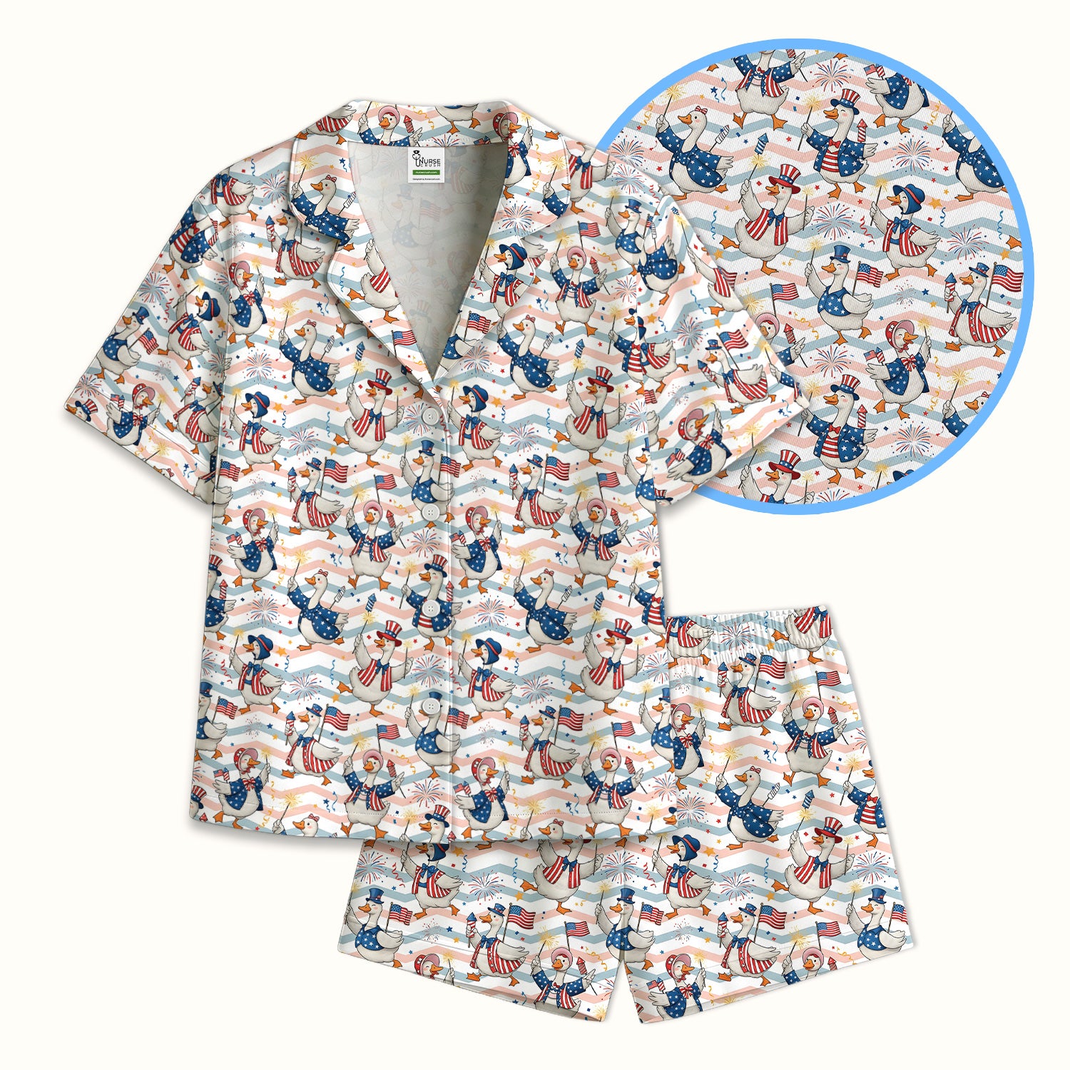 Patriotic Goose Fireworks Parade Pattern Pajama Set, Soft Breathable Fabric Comfortable Sleepwear