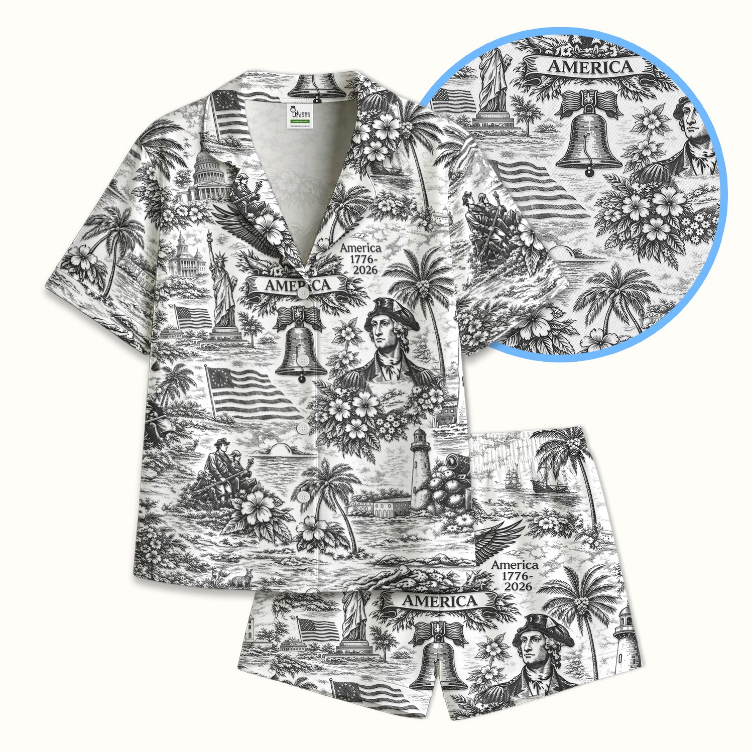 Patriotic America Heritage Toile Pattern Pajama Set, Breathable Fabrics Uniform