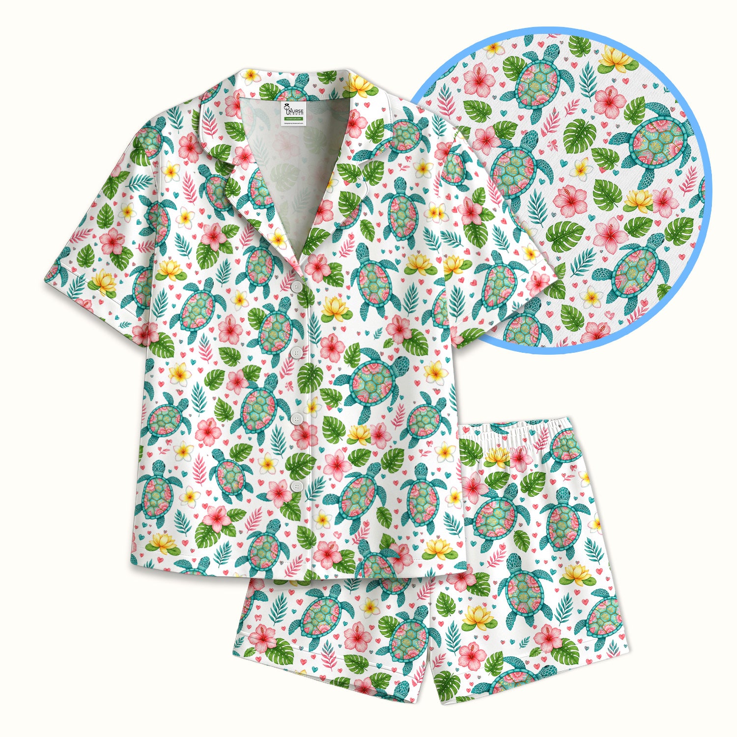 Tropical Sea Turtle Floral Pattern Pajama Set, Soft Breathable Fabric Comfortable Sleepwear