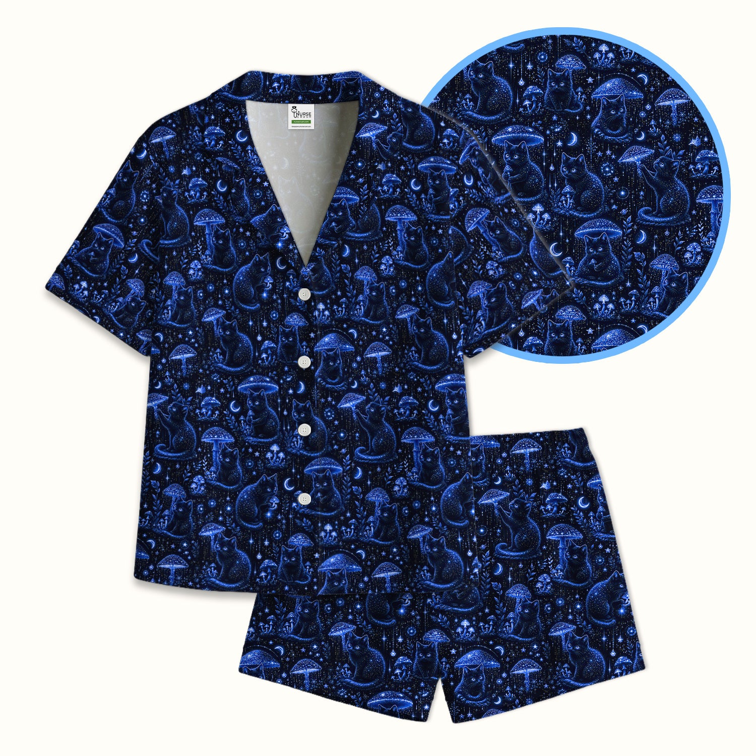 Celestial Black Cat Mushroom Pattern Pajama Set, Soft Breathable Fabric Comfortable Sleepwear