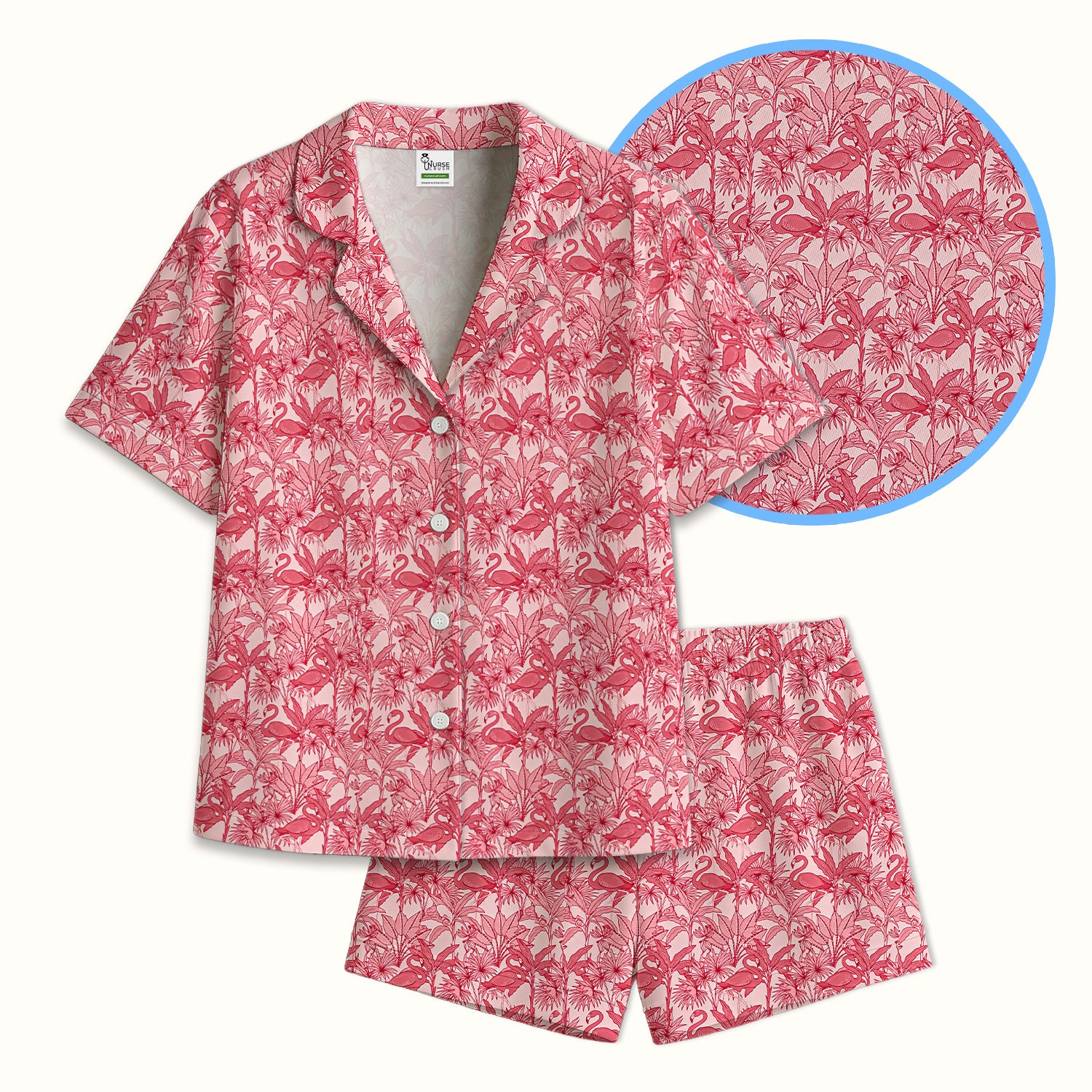 Tropical Flamingo Palm Leaves Pattern Pajama Set, Breathable Fabrics Uniform