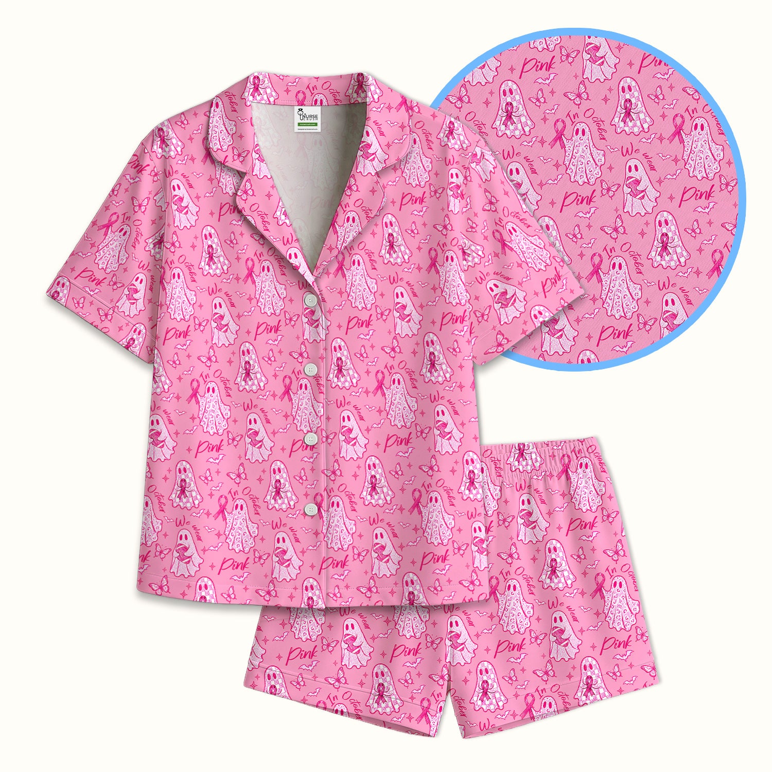 Pink Ribbon Ghost Pajama Set, Soft Breathable Fabric Comfortable Sleepwear