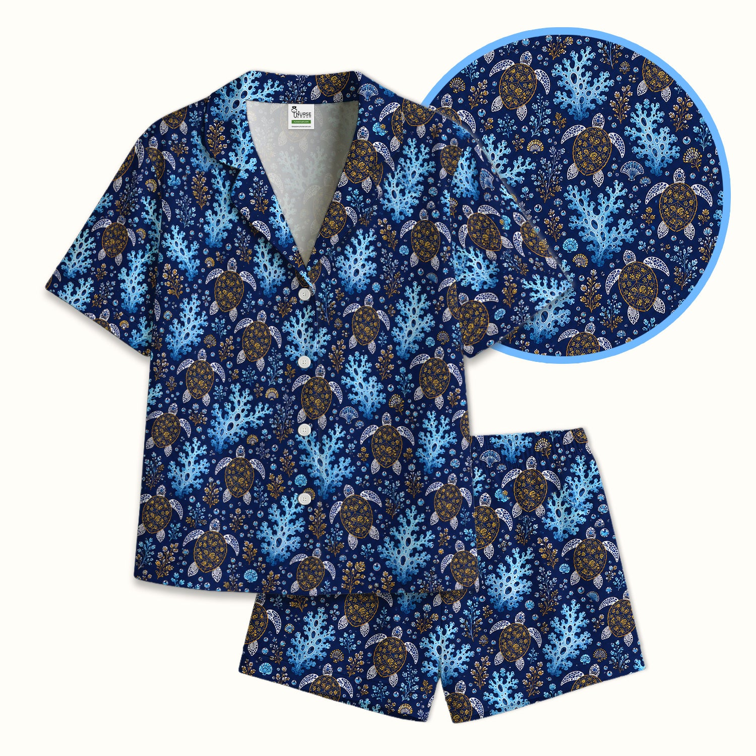 Ocean Turtle Coral Nurse Pattern Pajama Set, Soft Breathable Fabric Comfortable Sleepwear