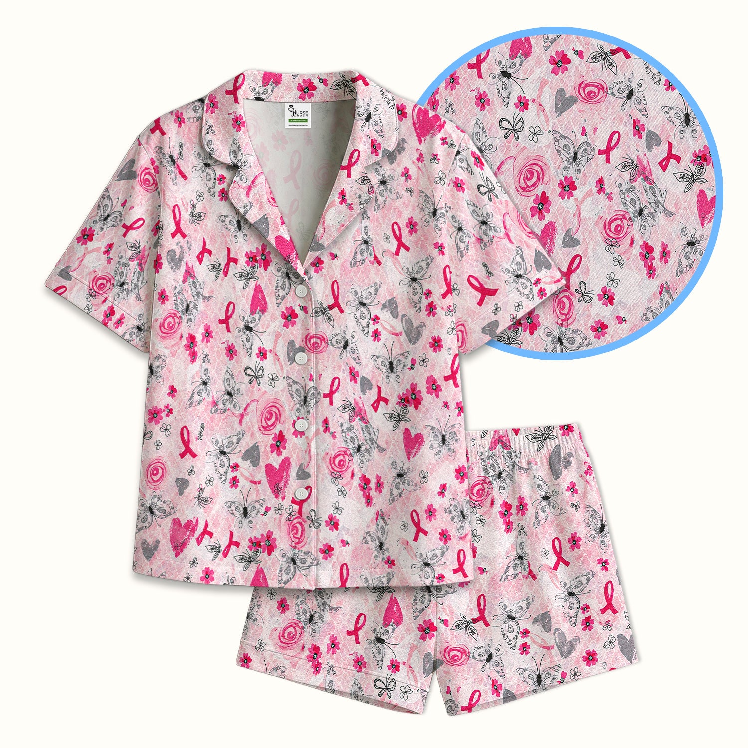 Breast Cancer Awareness Butterfly Floral Pajama Set, Soft Breathable Fabric Comfortable Sleepwear