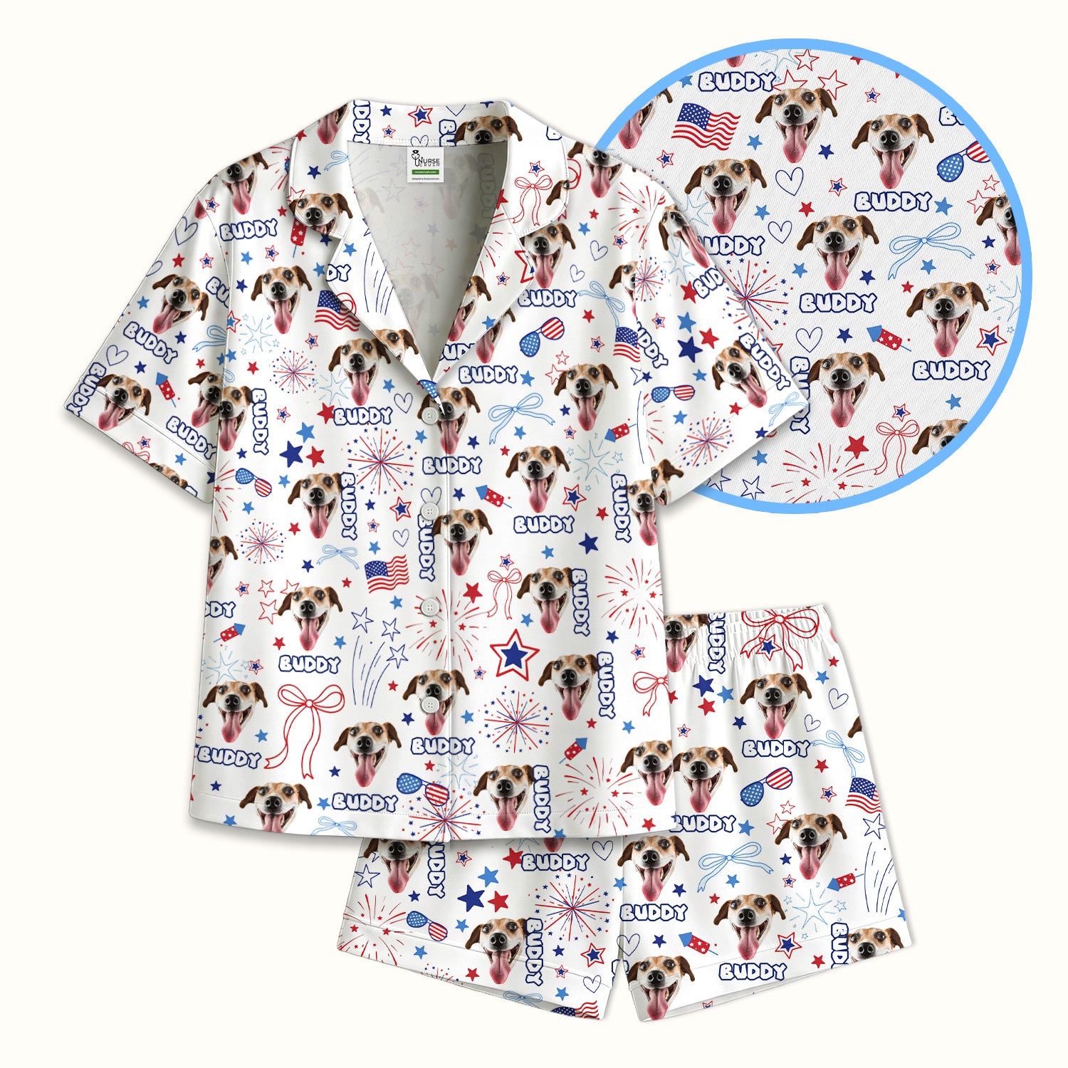 Personalized Patriotic Dog Face Name Pattern Pajama Set, Soft Breathable Fabric Comfortable Sleepwear