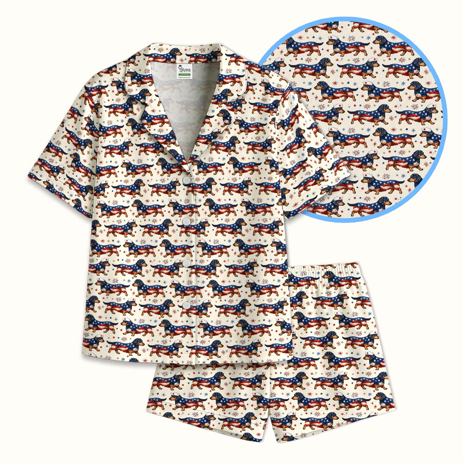 Patriotic Dachshund Dog American Flag Pattern Nurse Pajama Set, Soft Breathable Fabric Comfortable Sleepwear