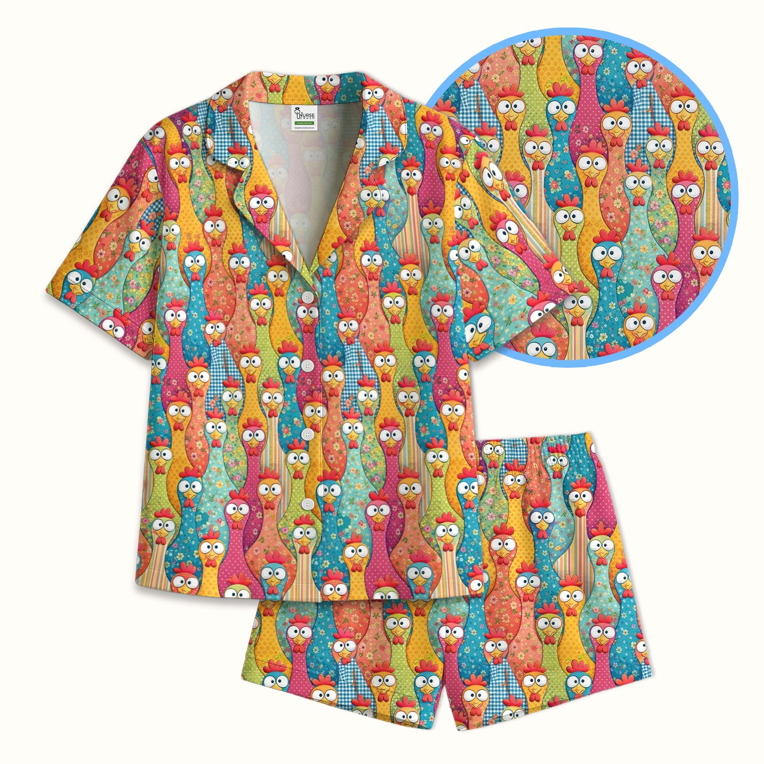 Funny Farm Chicken Cartoon Pattern Pajama Set, Soft Breathable Fabric Comfortable Sleepwear
