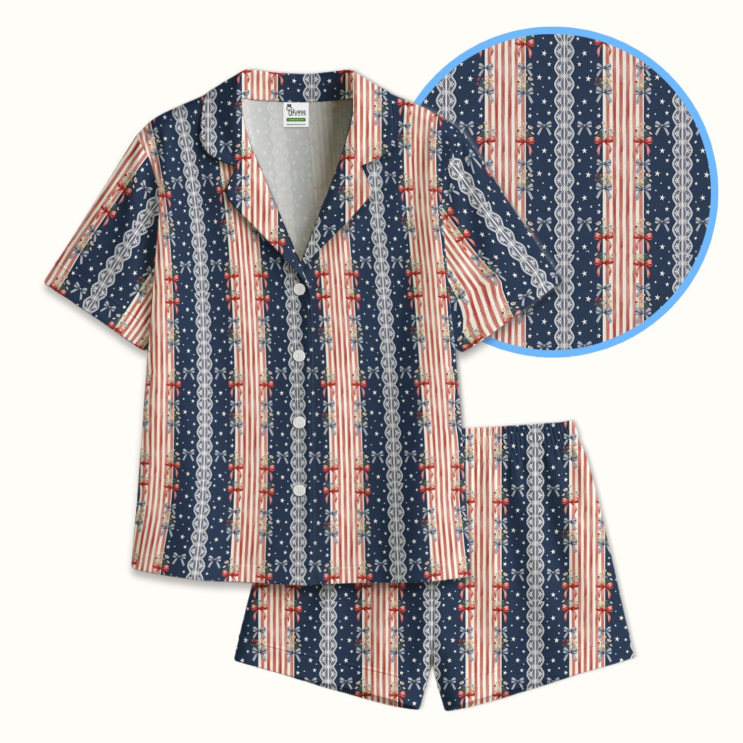 Patriotic Bow Lace Stripe Pattern Pajama Set, Soft Breathable Fabric Comfortable Sleepwear