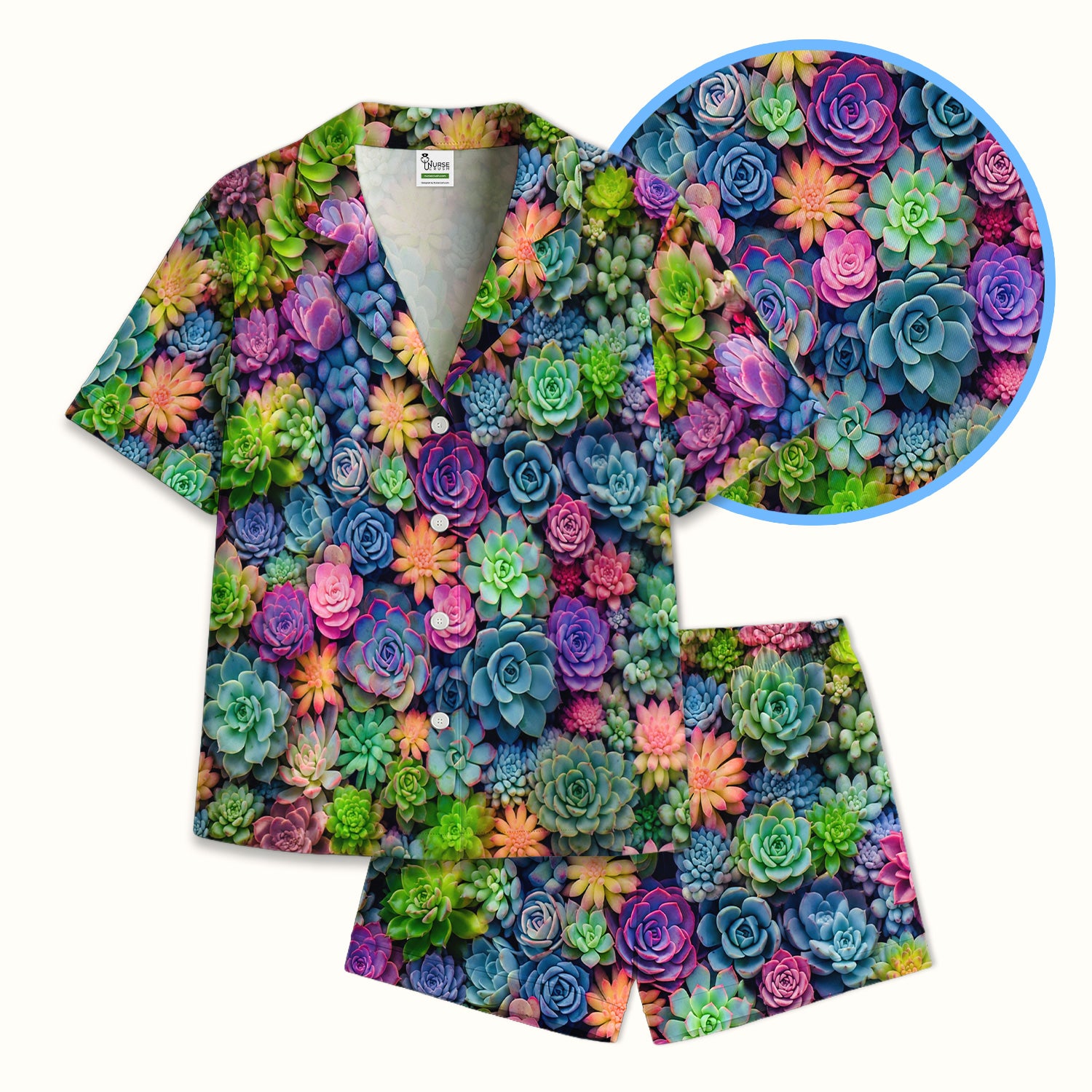 Cute Nurse Scrub Top Boho Succulent Flower Pattern Pajama Set, Soft Breathable Fabric Comfortable Sleepwear