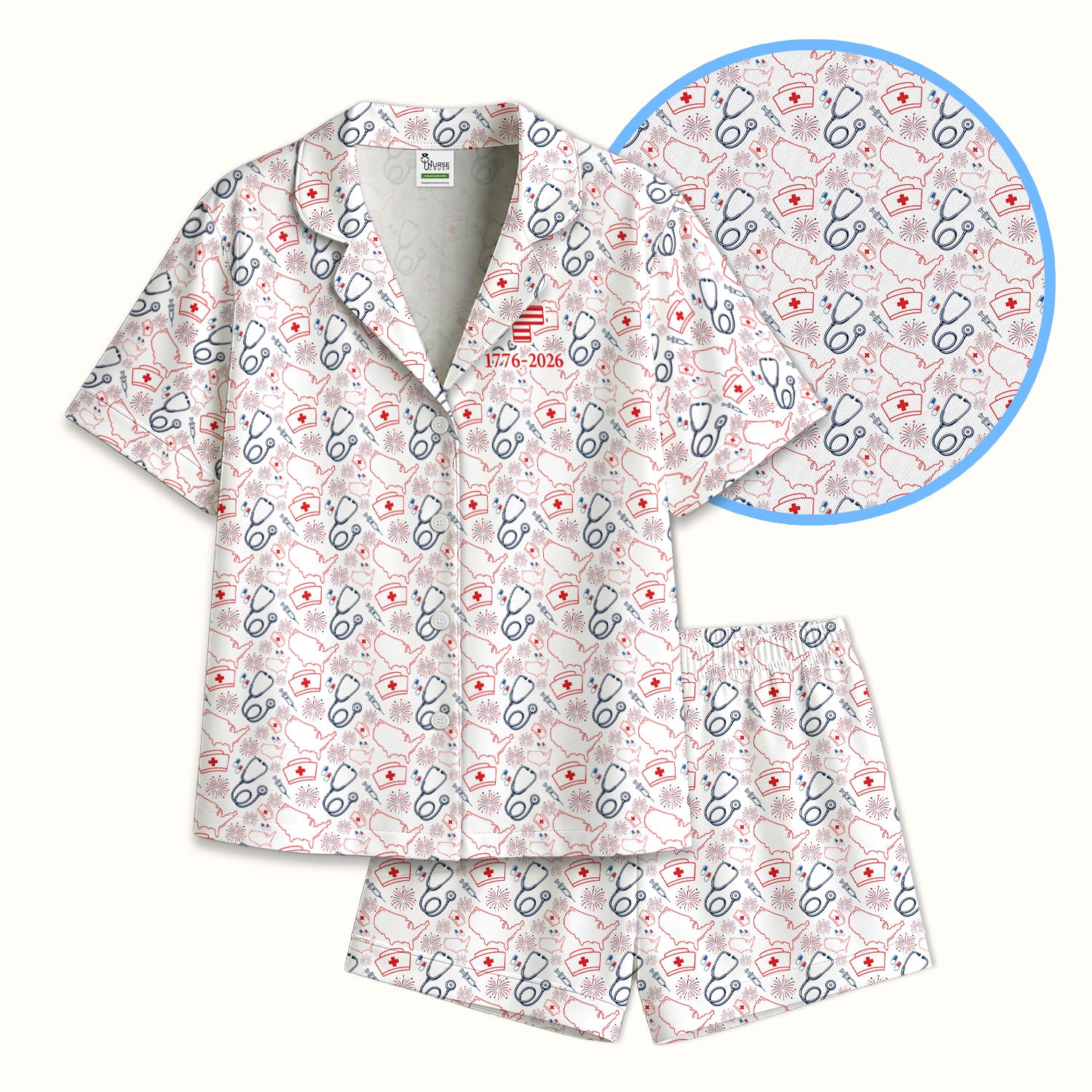 Patriotic Nurse Stethoscope Flag Pattern Pajama Set, Soft Breathable Fabric Comfortable Sleepwear