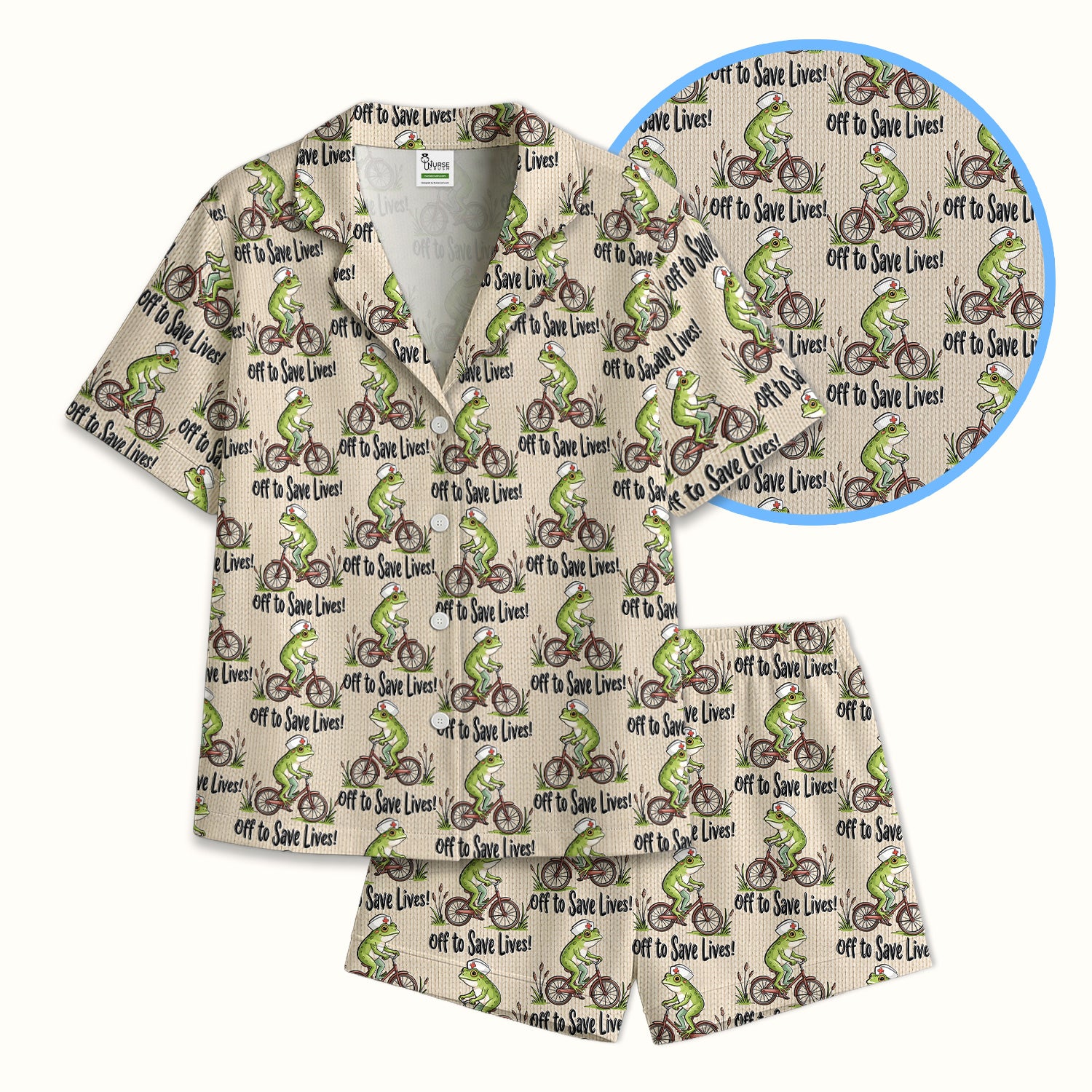 Nurse Frog Riding Bicycle Pattern Scrub Top, Breathable Fabrics Nursing Uniform Pajama Set, Soft Breathable Fabric Comfortable Sleepwear