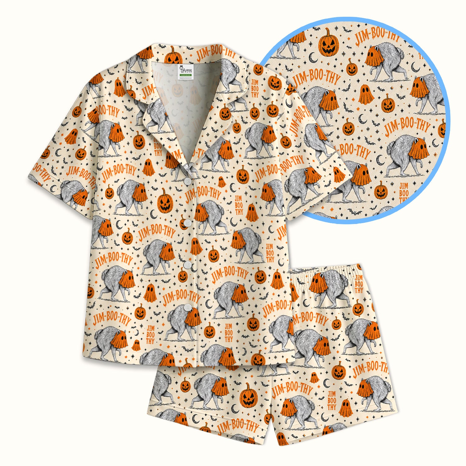 Funny Halloween Ghost Jimothy Pattern Pajama Set, Soft Breathable Fabric Comfortable Sleepwear