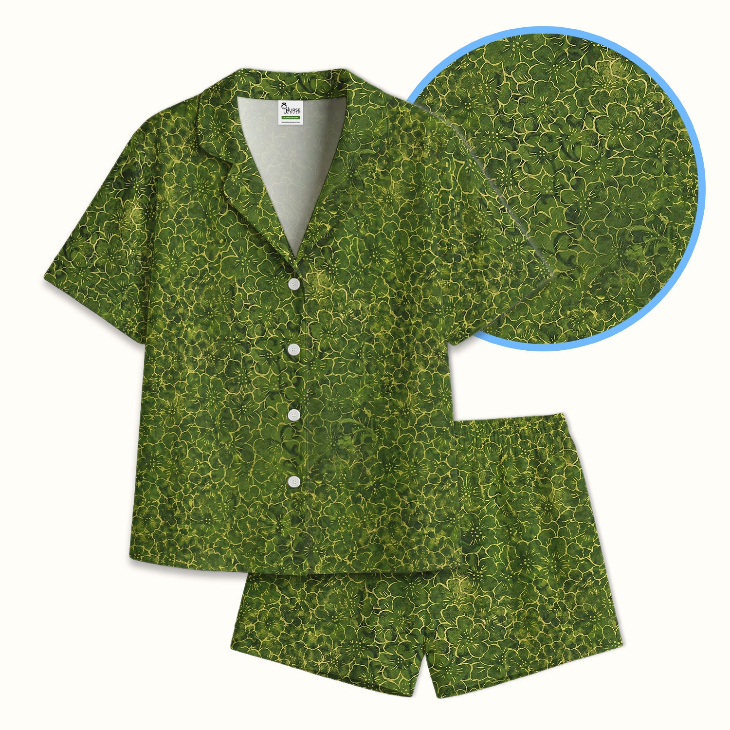 Green Floral Blossom Pattern Pajama Set, Soft Breathable Fabric Comfortable Sleepwear