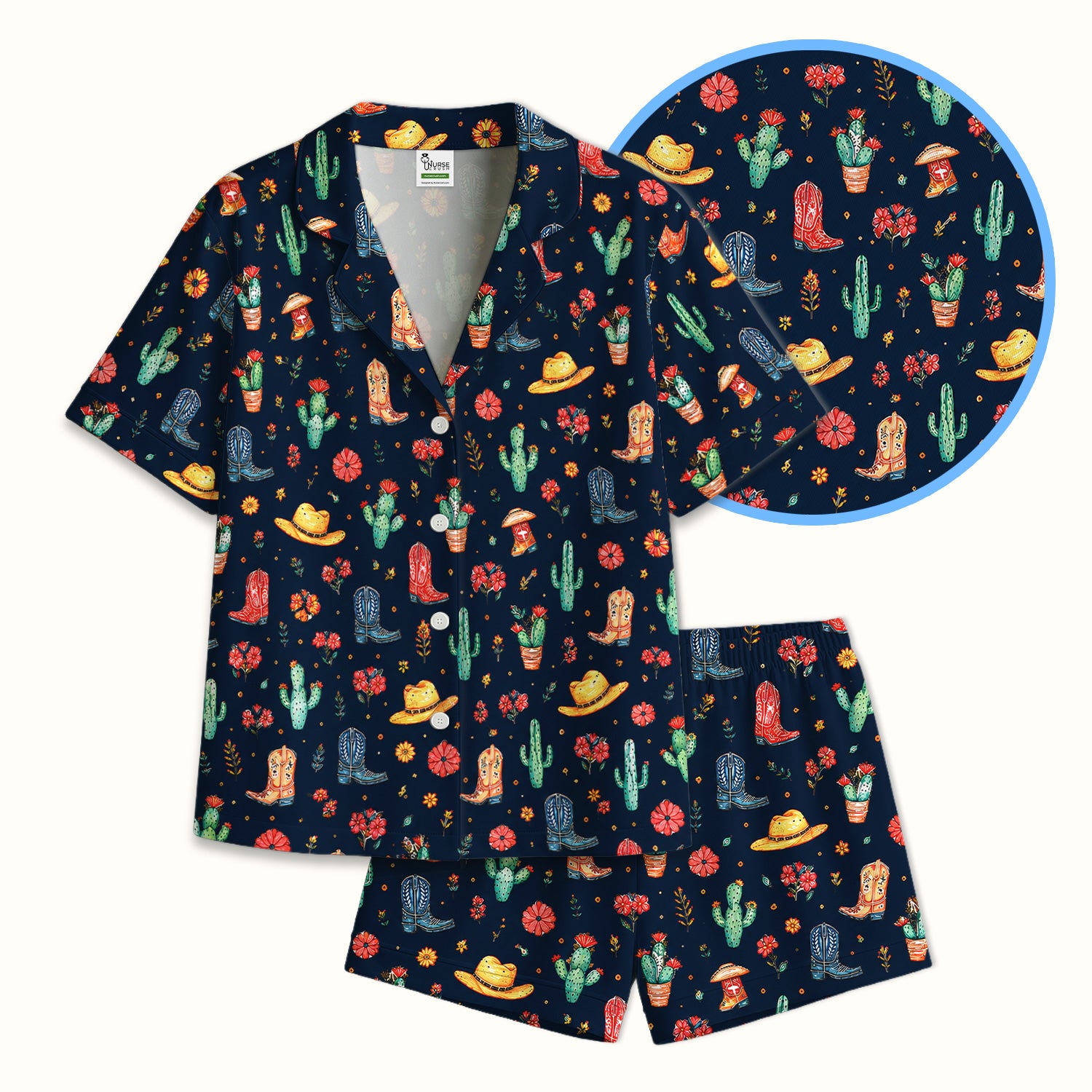 Whimsical Western Cactus Boots Pattern Pajama Set, Soft Breathable Fabric Comfortable Sleepwear