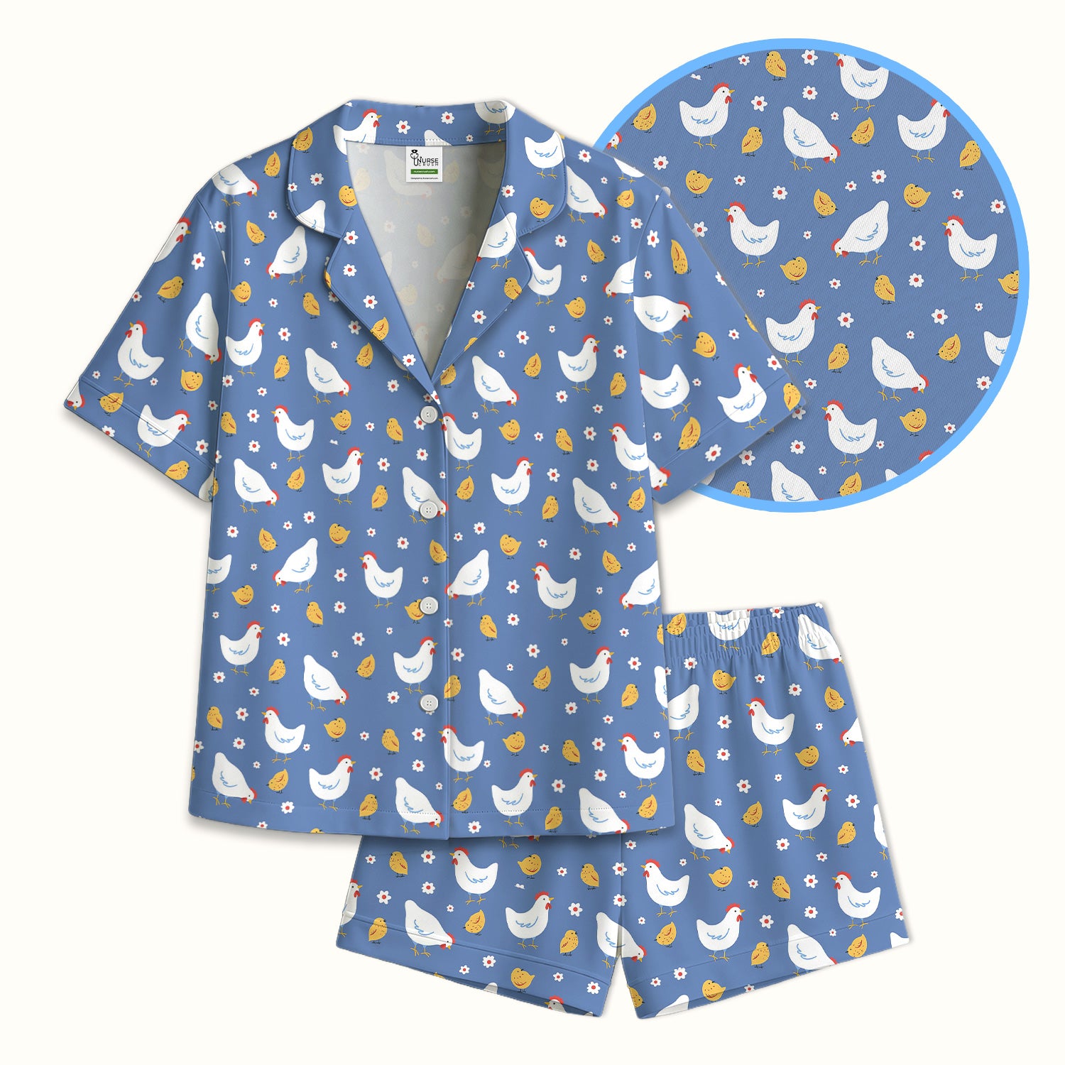 Chicken And Cute Chicks Pattern Pajama Set, Breathable Fabrics Uniform