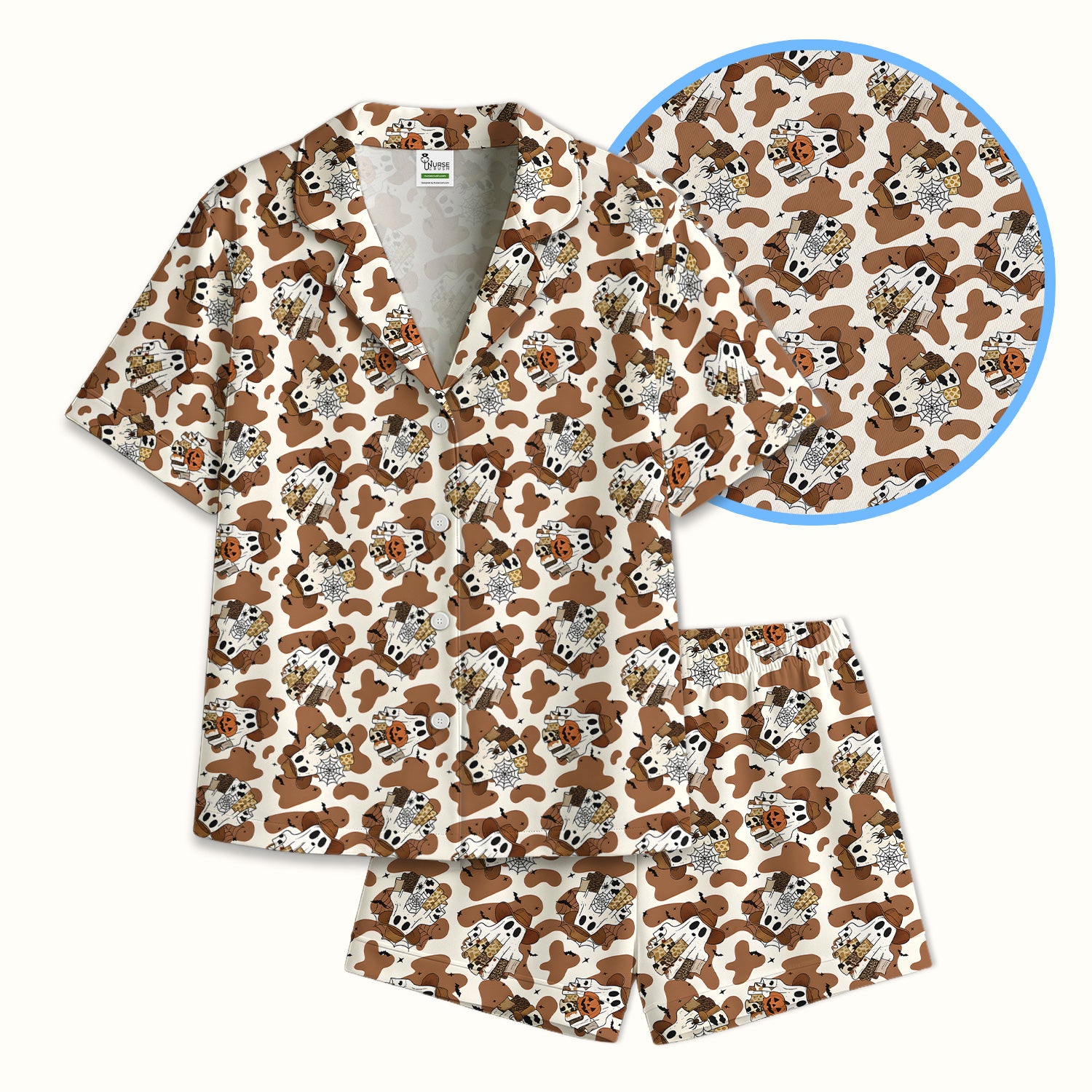 Halloween Cow Ghost Print Pajama Set, Soft Breathable Fabric Comfortable Sleepwear