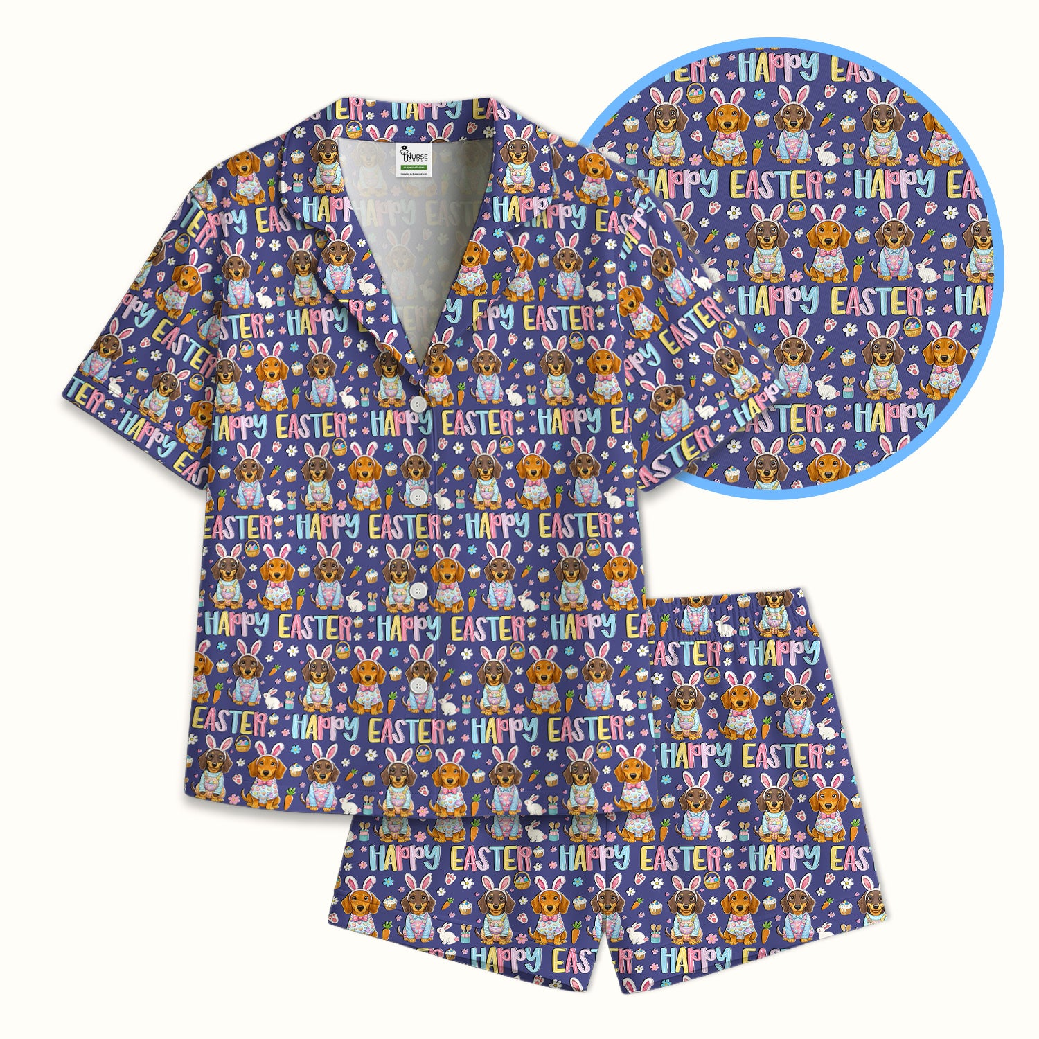 Happy Easter Dachshund Bunny Print Pajama Set, Breathable Fabrics Uniform