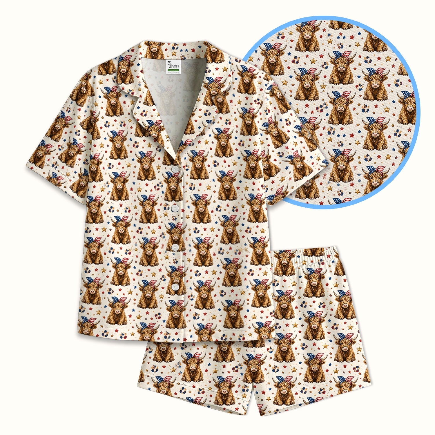 Patriotic Highland Cow Nurse for RN & CNA, Americana Farm Animal Healthcare Workers Medical Uniform Pajama Set, Soft Breathable Fabric Comfortable Sleepwear