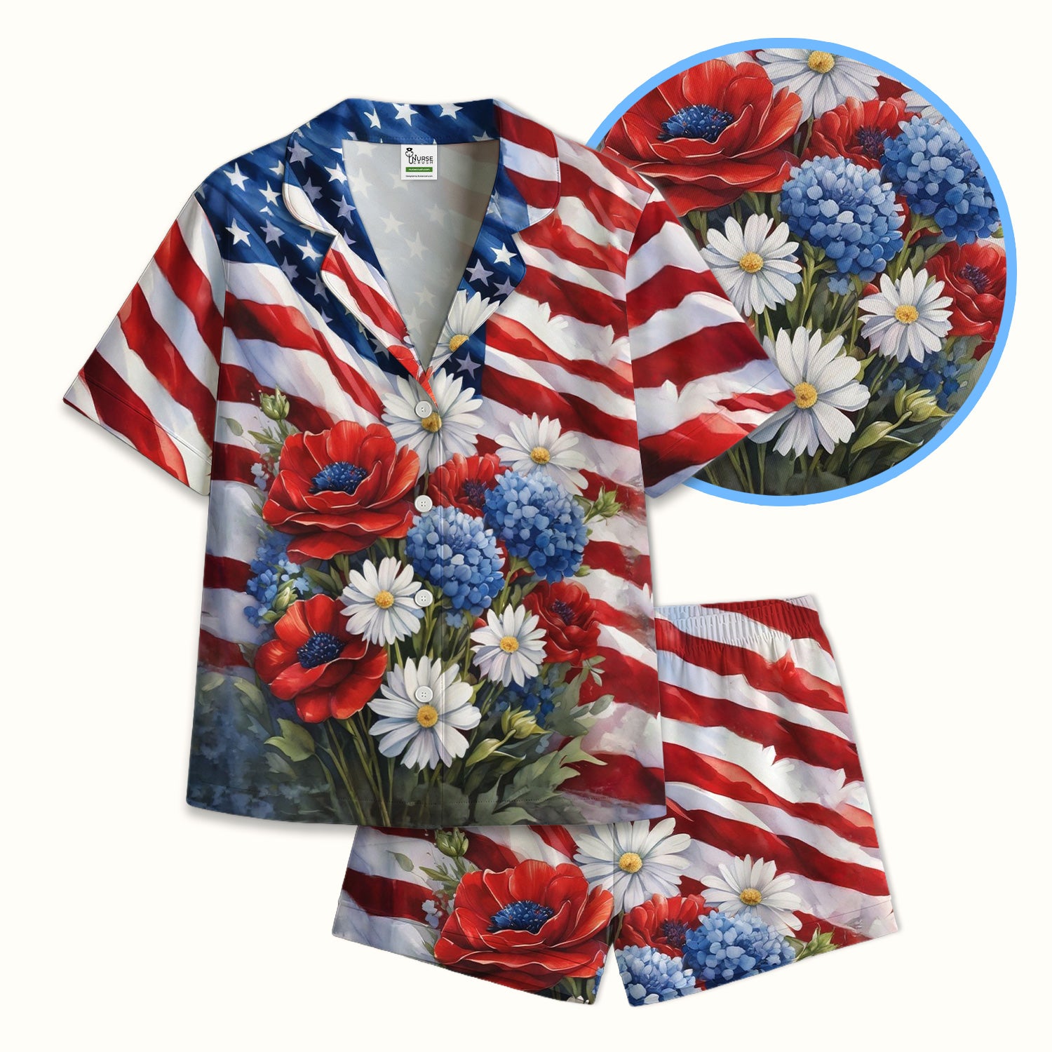 Festive US Flag Floral Bouquet Pattern Pajama Set, Soft Breathable Fabric Comfortable Sleepwear