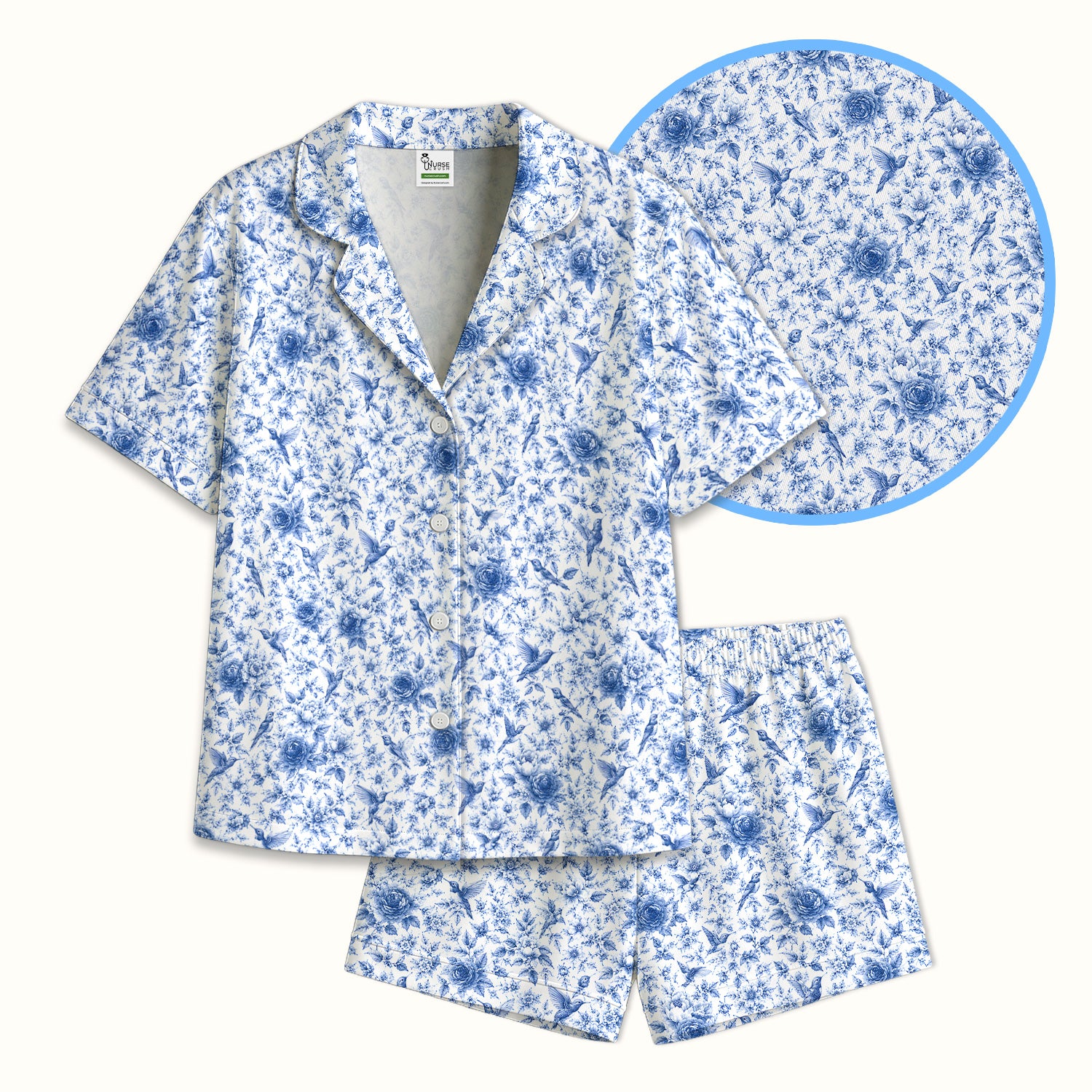 Blue Floral Hummingbird Toile Pattern Pajama Set, Soft Breathable Fabric Comfortable Sleepwear