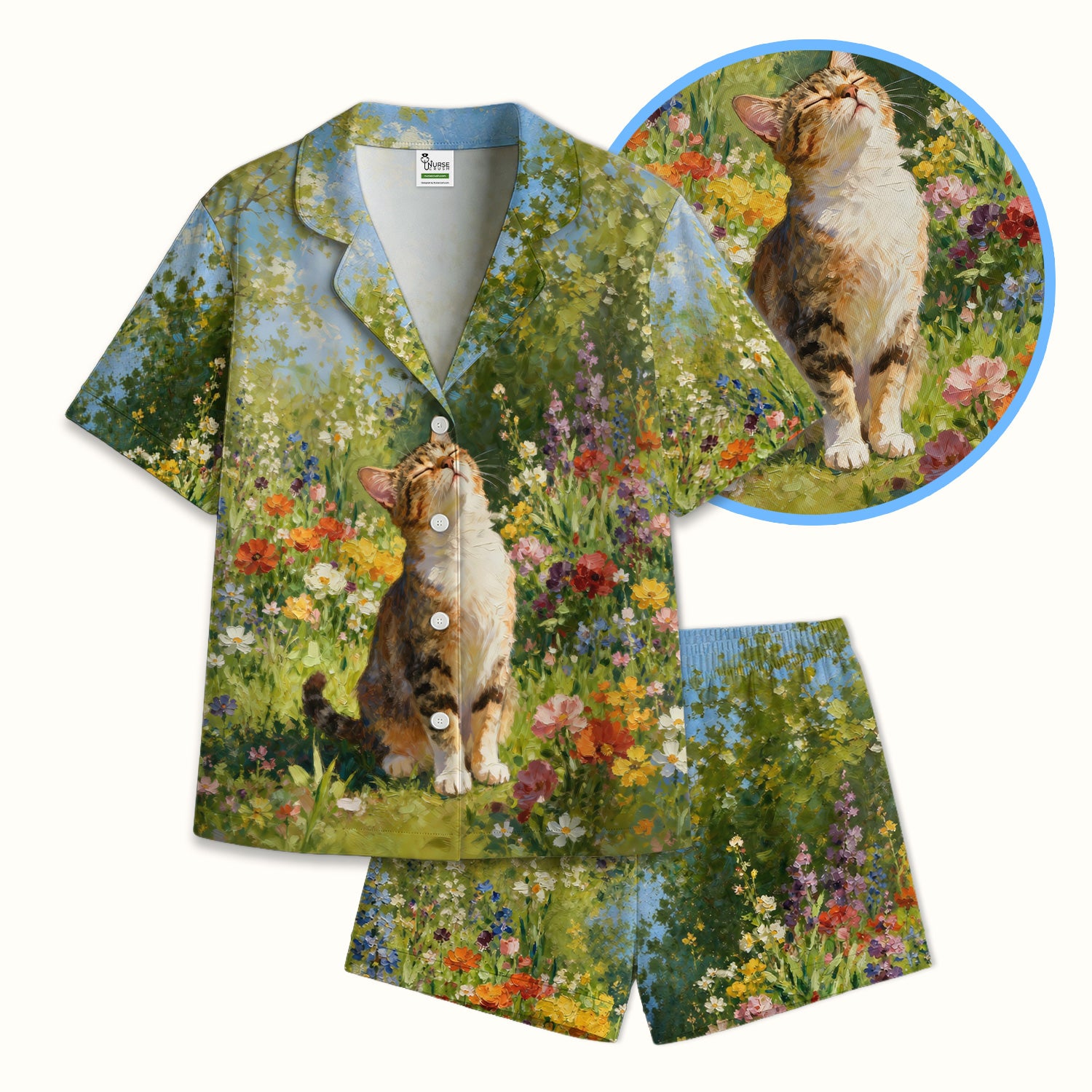 Whimsical Garden Cat Blossom Pattern Pajama Set, Soft Breathable Fabric Comfortable Sleepwear