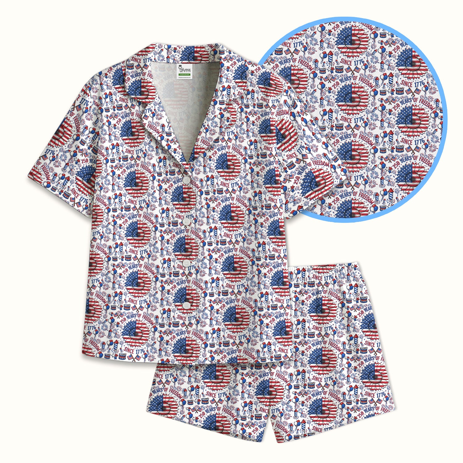 Festive Patriotic Sunflower American Flag Fireworks Pattern Pajama Set, Breathable Fabrics Uniform
