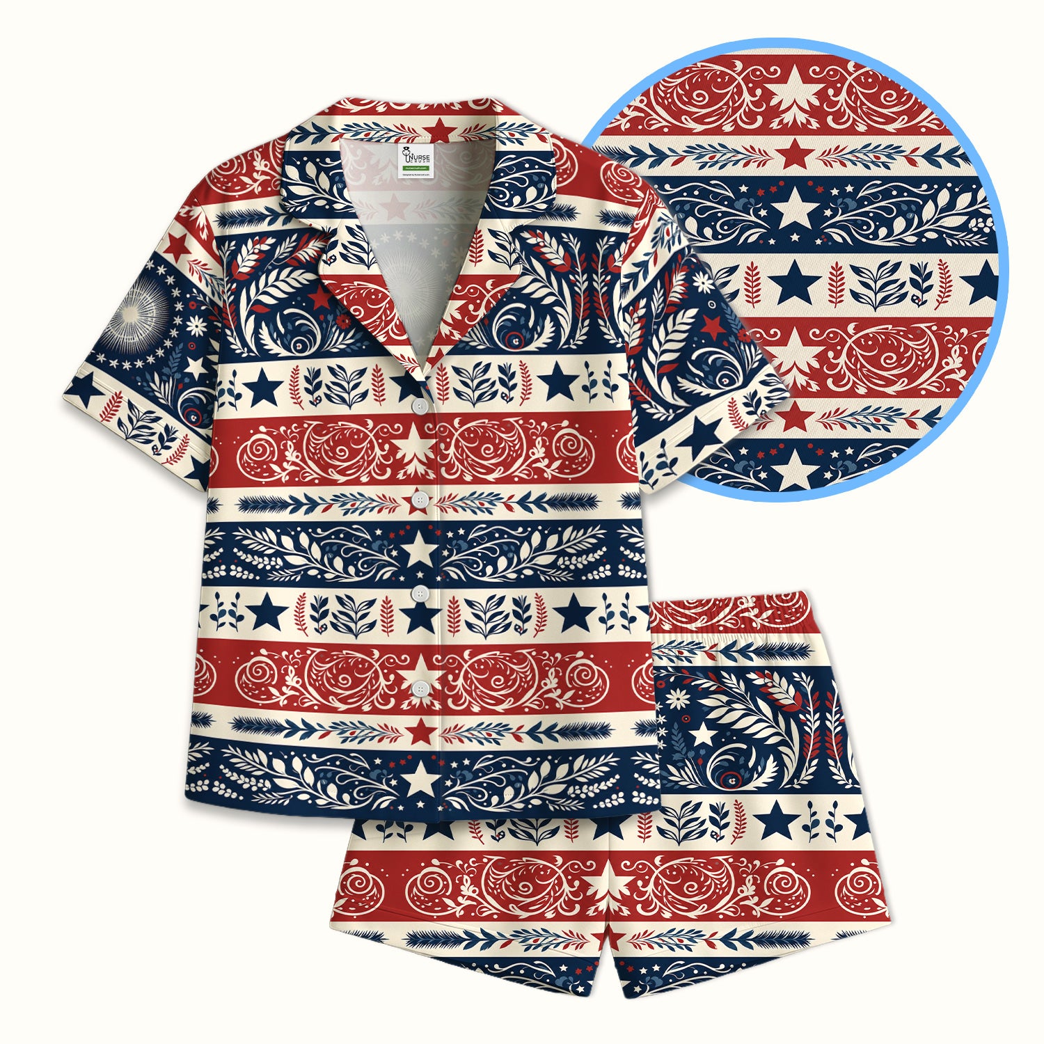 Patriotic Americana Starburst Floral Pattern Pajama Set, Soft Breathable Fabric Comfortable Sleepwear