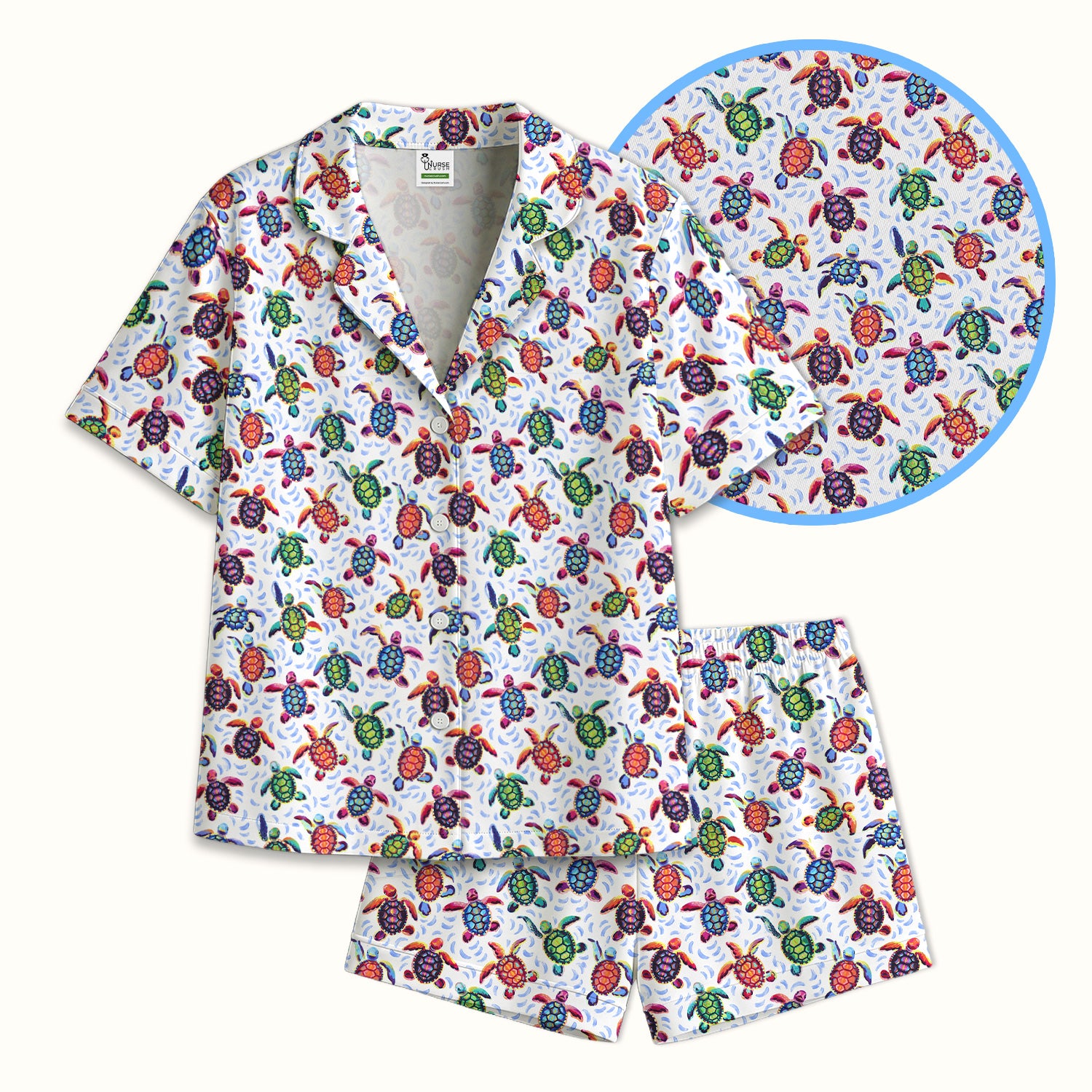 Colorful Sea Turtle Wave Pattern Pajama Set, Soft Breathable Fabric Comfortable Sleepwear