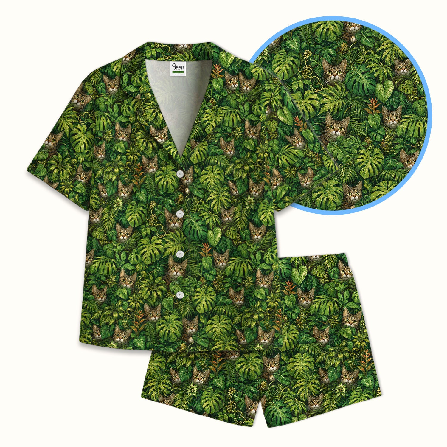 Hidden Jungle Cat Veterinary Nurse Pattern Pajama Set, Soft Breathable Fabric Comfortable Sleepwear