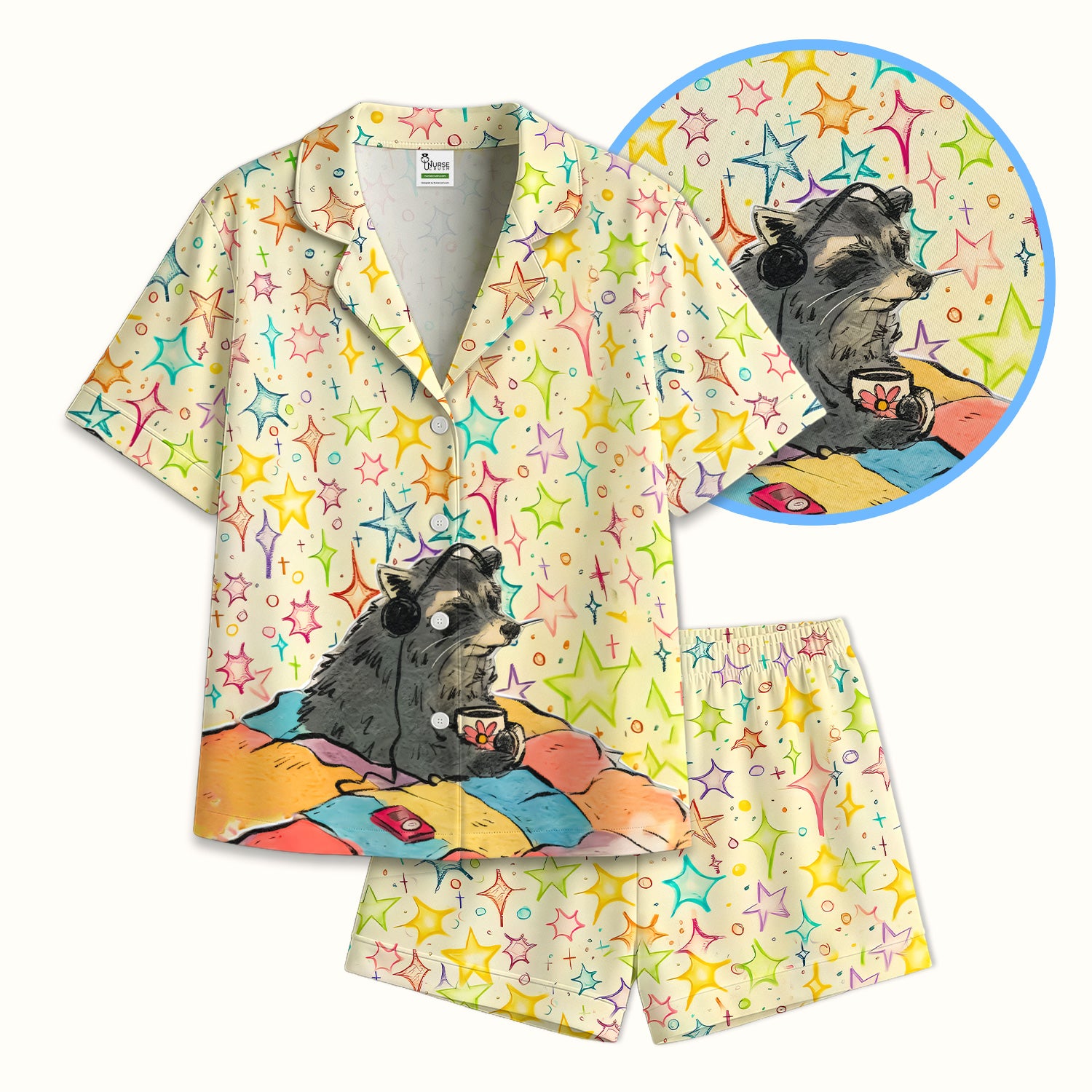 Chill Raccoon Starry Music Pattern Pajama Set, Soft Breathable Fabric Comfortable Sleepwear