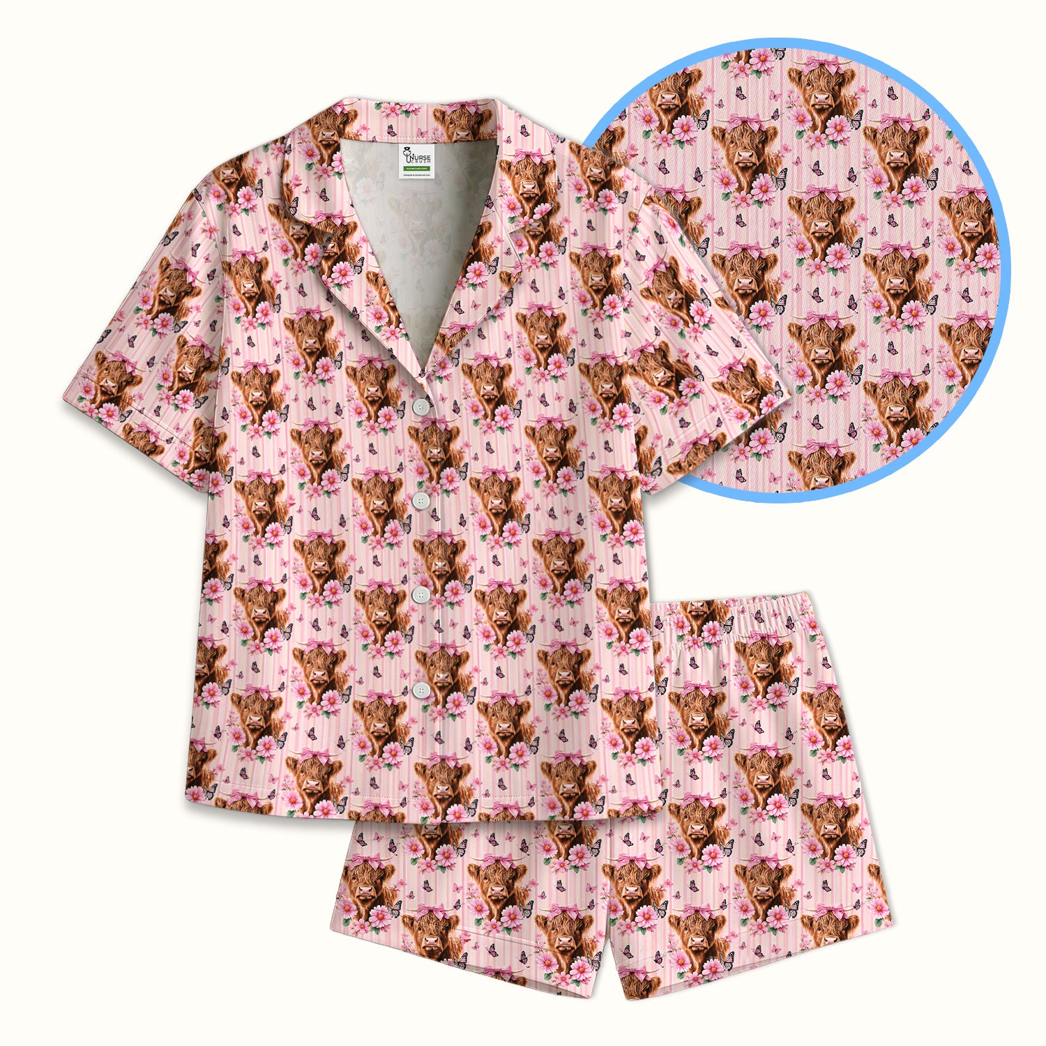 Pink Highland Cow Floral Pajama Set, Soft Breathable Fabric Comfortable Sleepwear