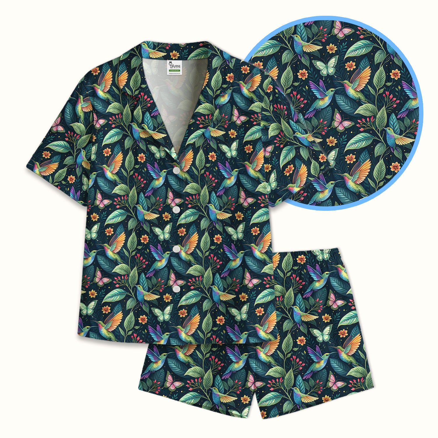 Vibrant Hummingbird Garden Nurse for RN, CNA, Botanical Medical Pajama Set, Soft Breathable Fabric Comfortable Sleepwear