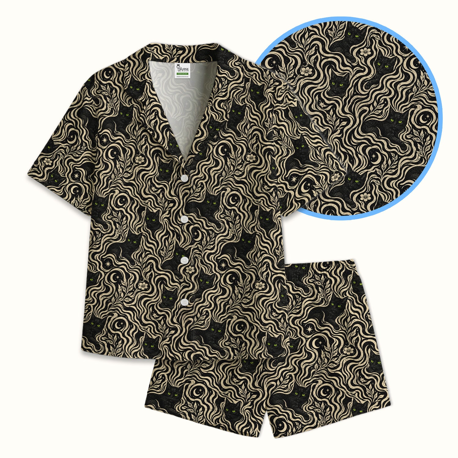 Mystical Black Cat Moonlit Pattern Pajama Set, Soft Breathable Fabric Comfortable Sleepwear