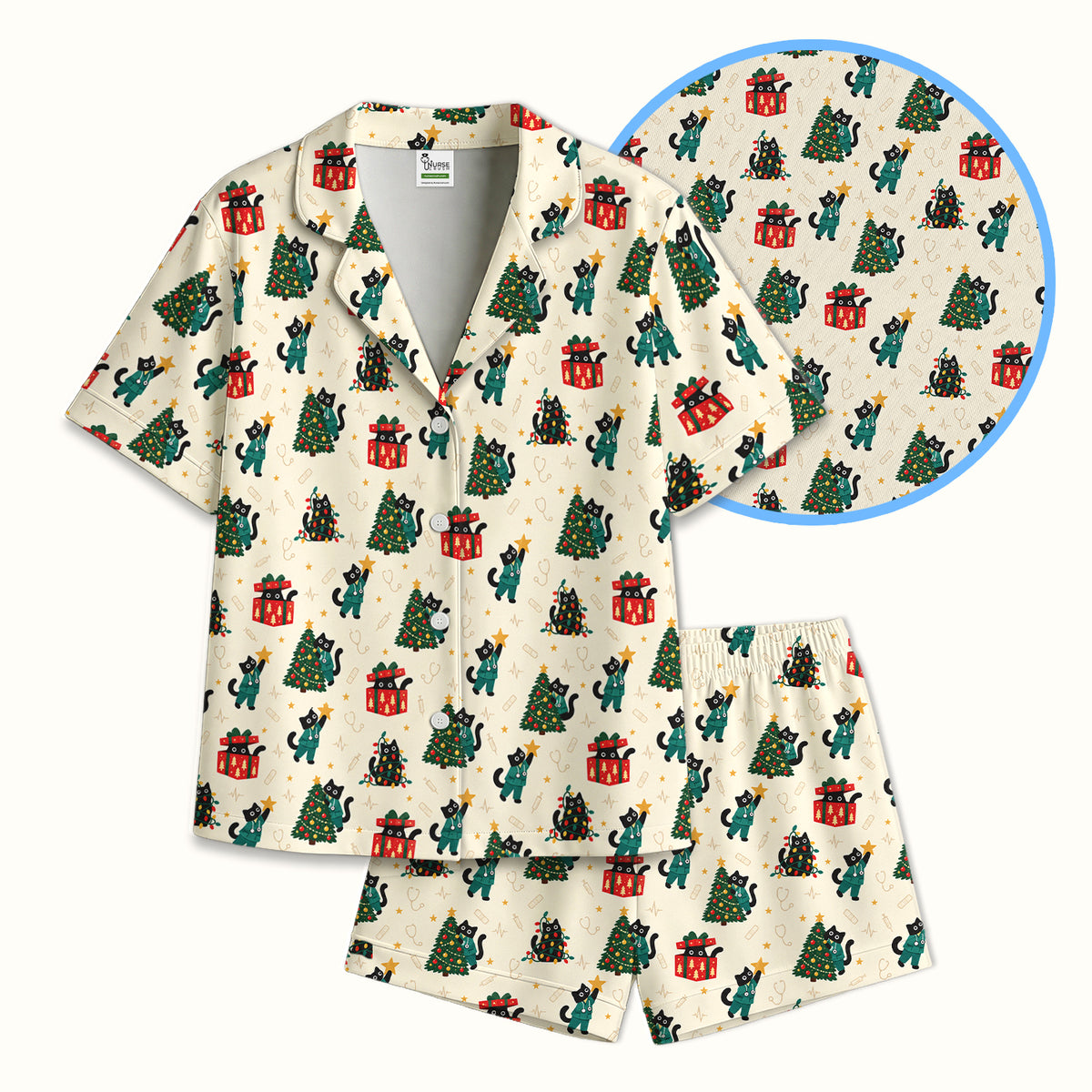Christmas Black Nurse Cats And Trees Pajama Set, Soft Breathable Fabric Comfortable Sleepwear