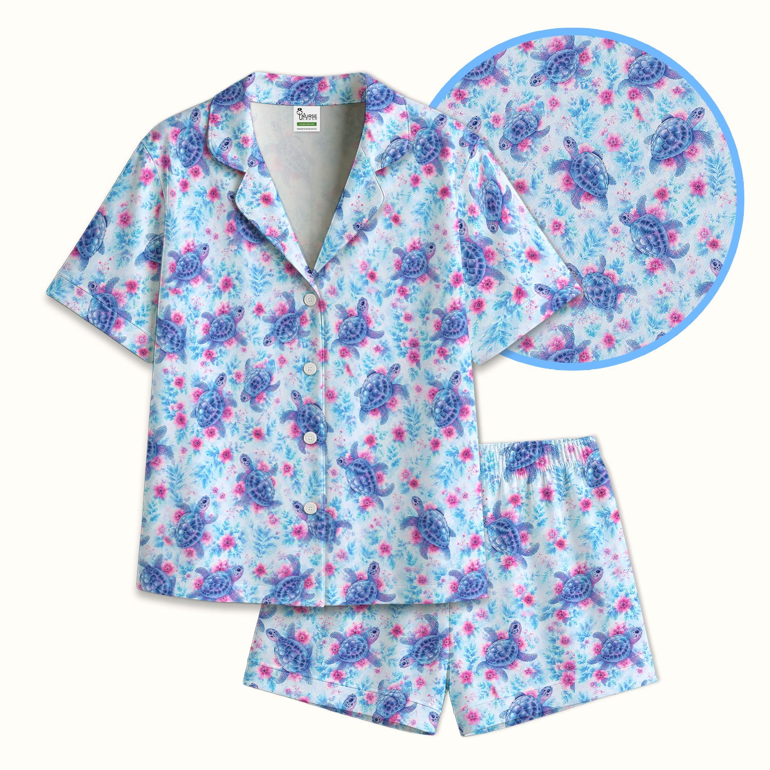 Cute Sea Turtle Floral Print Pajama Set, Soft Breathable Fabric Comfortable Sleepwear