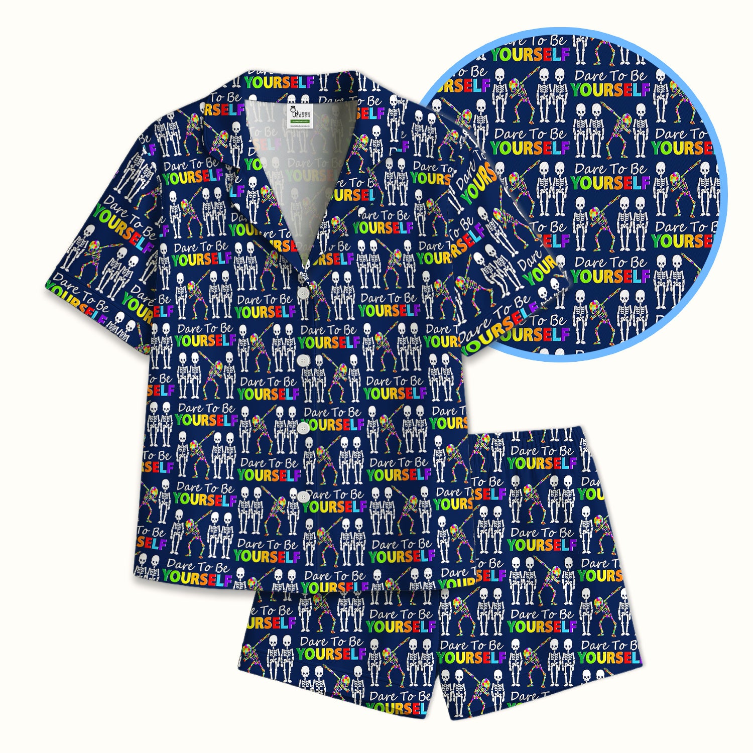 Rainbow Skeleton Dare To Be Yourself Pattern Pajama Set, Breathable Fabrics Uniform
