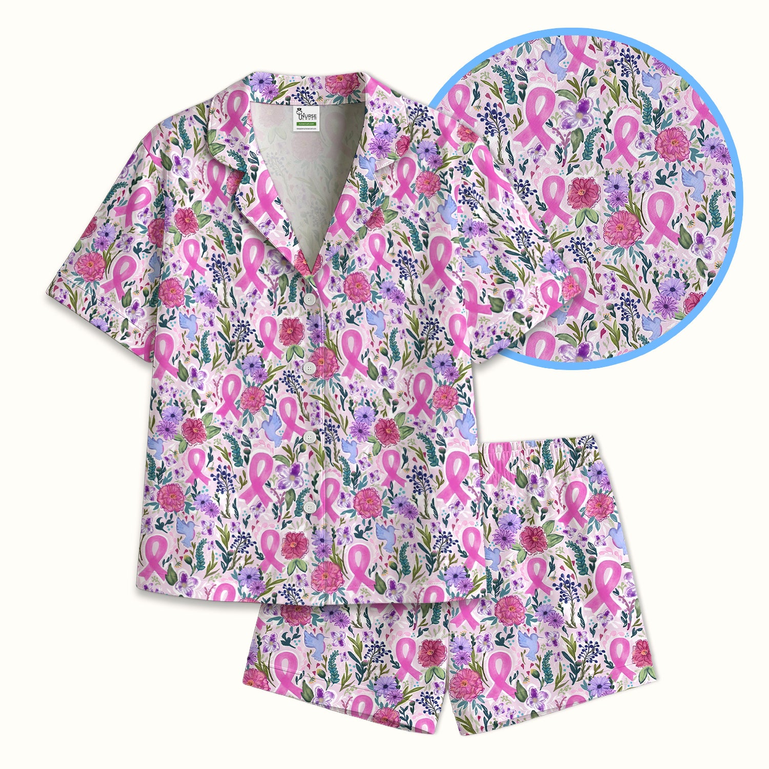 Floral Pink Ribbon Print Pajama Set, Soft Breathable Fabric Comfortable Sleepwear