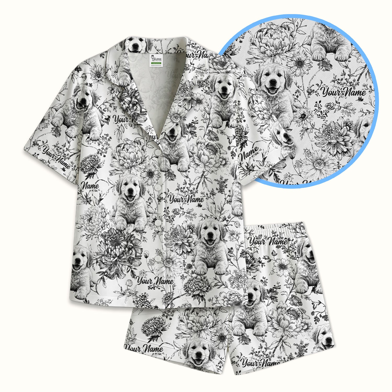 Personalized Custom Pet Photo Name Floral Pattern Pajama Set, Soft Breathable Fabric Comfortable Sleepwear