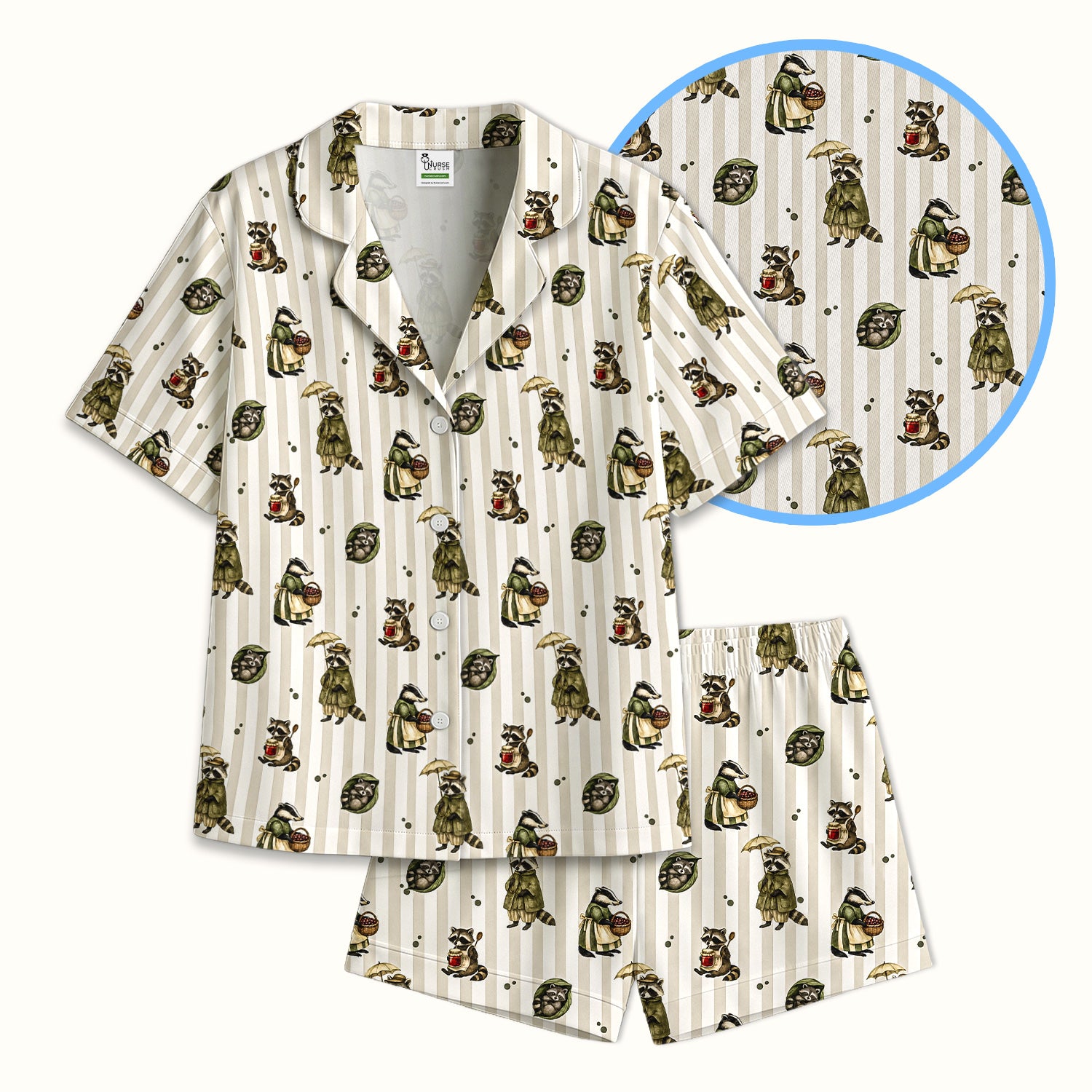 Cute Woodland Raccoon Print Pajama Set, Soft Breathable Fabric Comfortable Sleepwear
